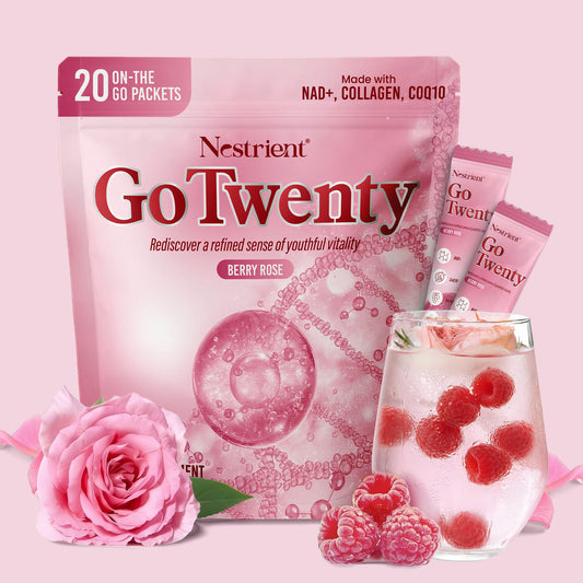 Nestrient GoTwenty Youthful Vitality Powdered Drink Mix with NAD+, Collagen, COQ10 – Berry Rose Flavor