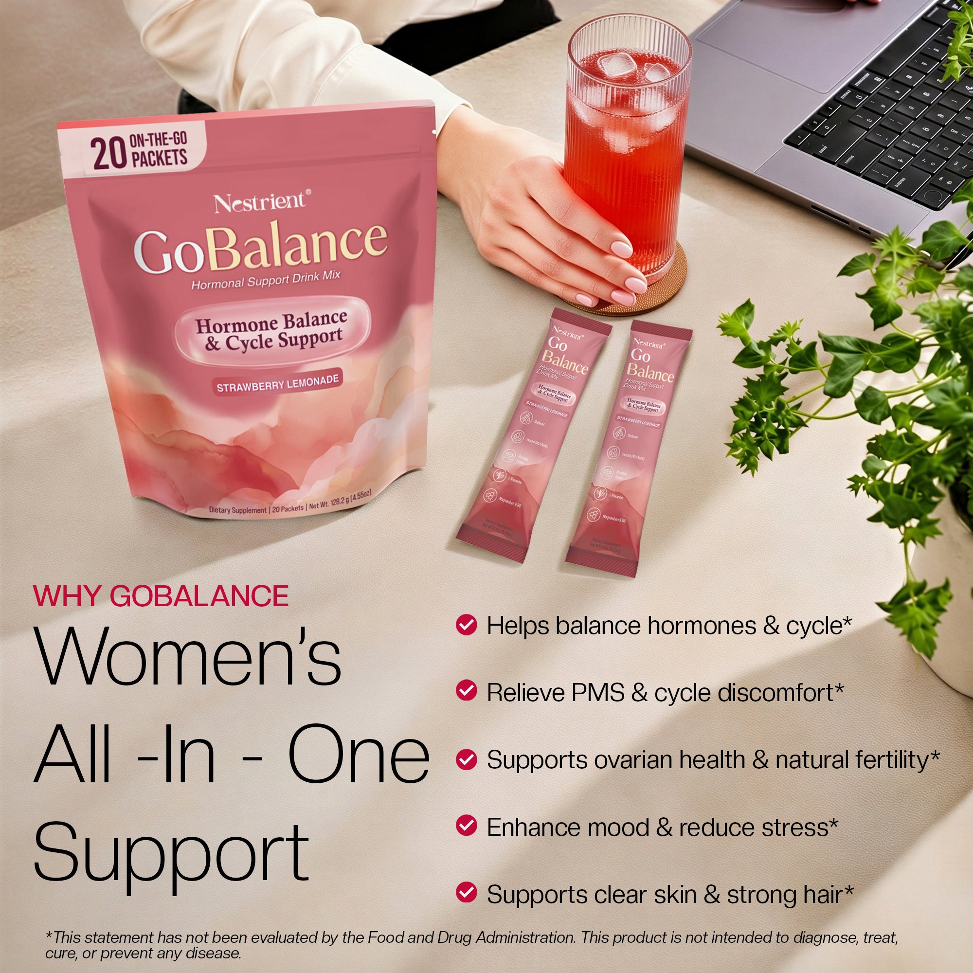 Nestrient GoBalance hormonal support drink mix in a package with scoop, featuring natural ingredients and supplement branding.