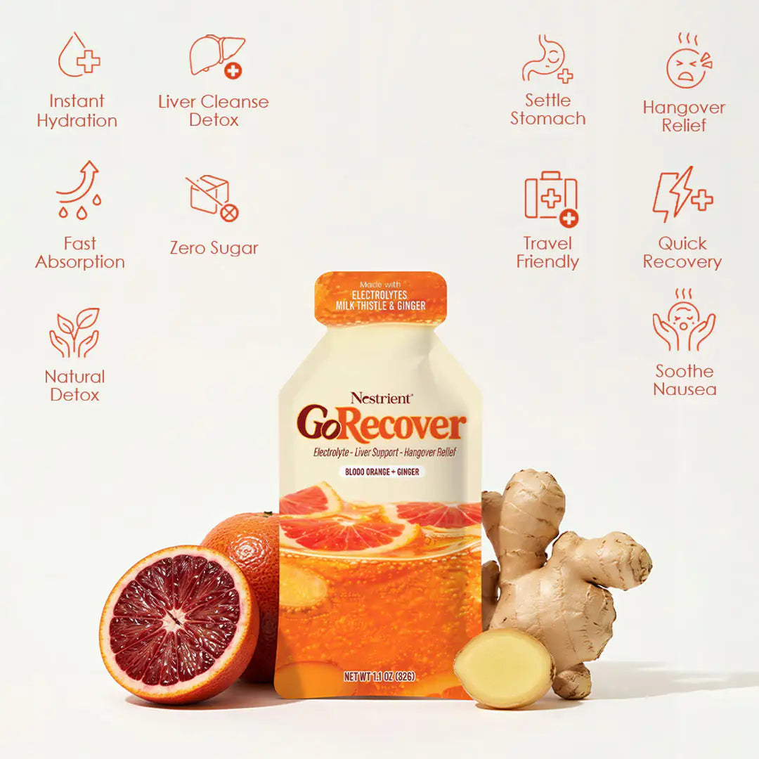 Nestrient GoRecover Liver Detox gel sachet with blood orange and ginger flavor, featuring milk thistle and electrolytes for hangover relief