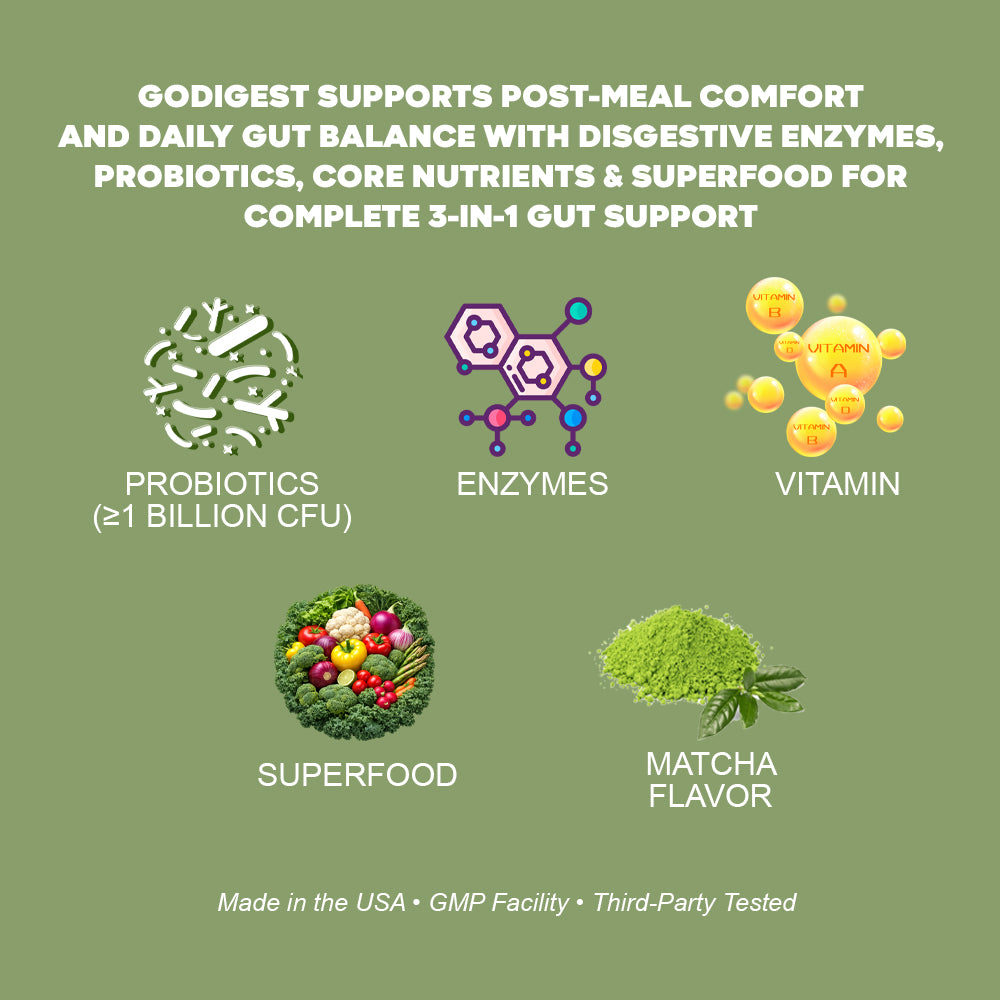 Nestrient GoDigest probiotics and enzymes gummies in matcha flavor, showing green matcha-flavored gummy candies in a clear container.