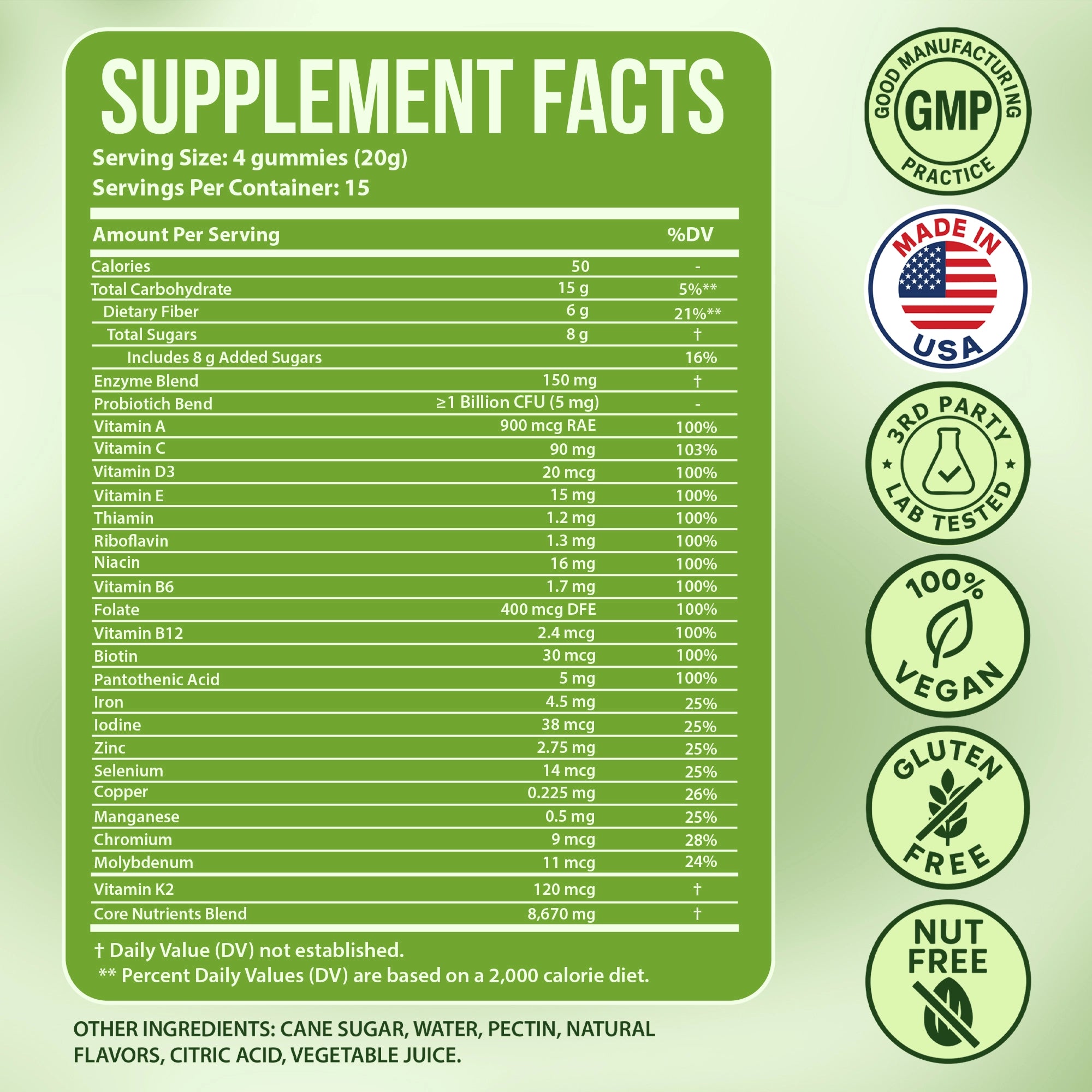 Nestrient GoDigest Probiotics & Enzymes Gummies in matcha flavor, showing six green gummies with matching flavor packaging.