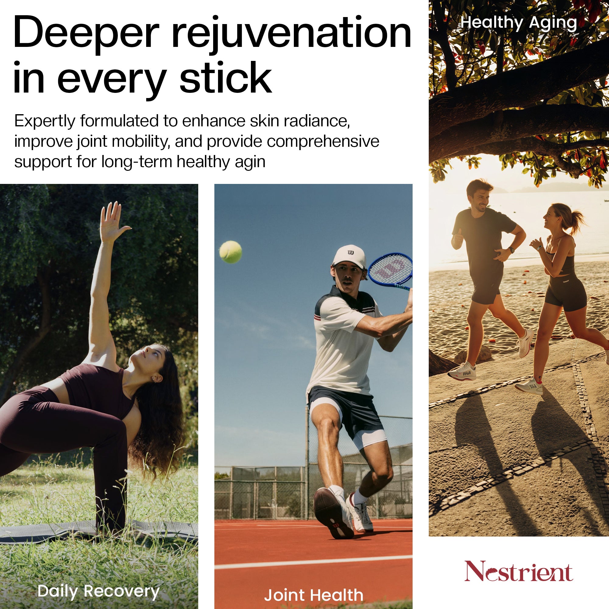 Nestrient GoTwenty youth vitality powdered drink mix in Berry Rose flavor with NAD+, collagen, and CoQ10, shown in a glass.