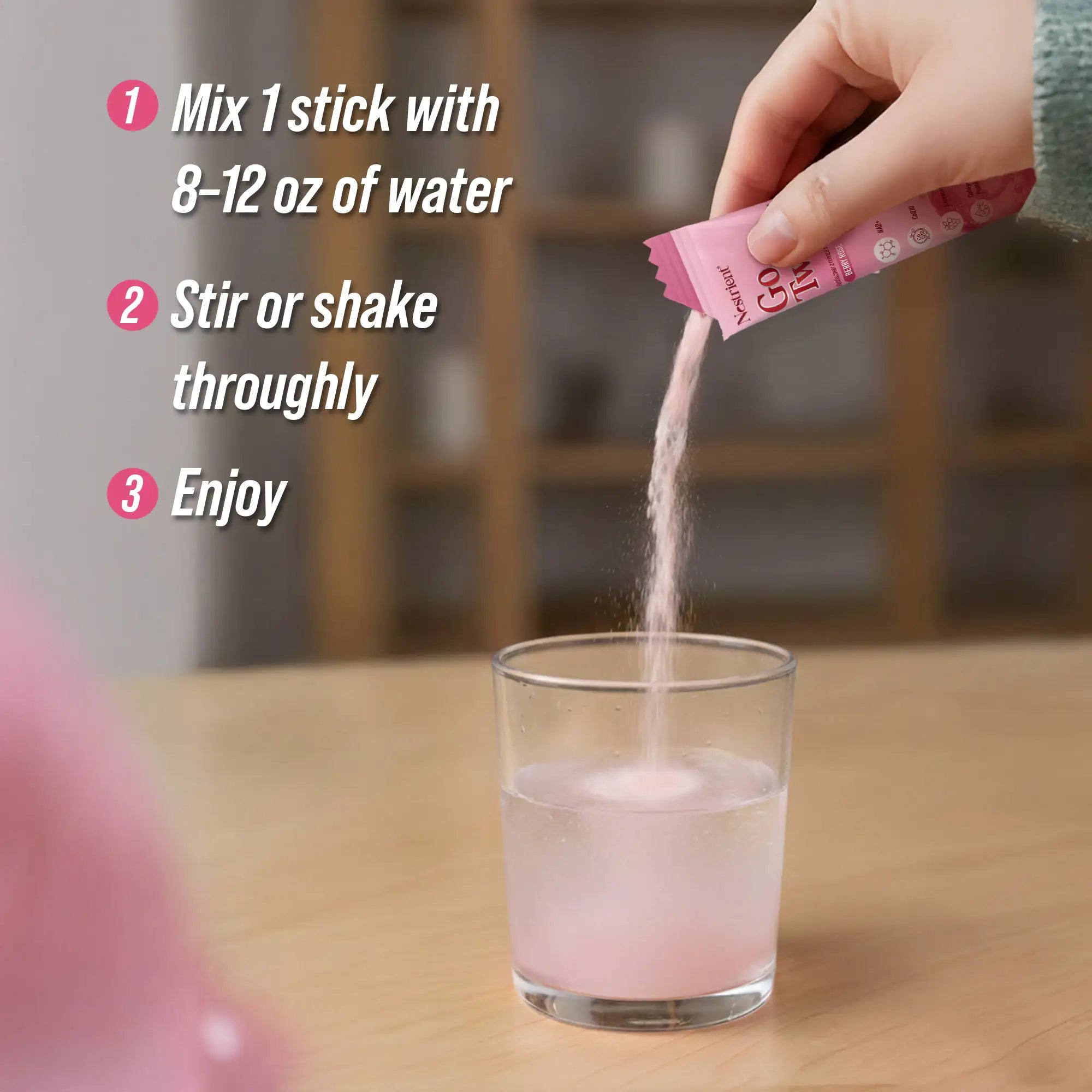 Nestrient GoTwenty Berry Rose flavored powdered drink mix with NAD+, collagen, and CoQ10, shown in a glass with scoops of powder.