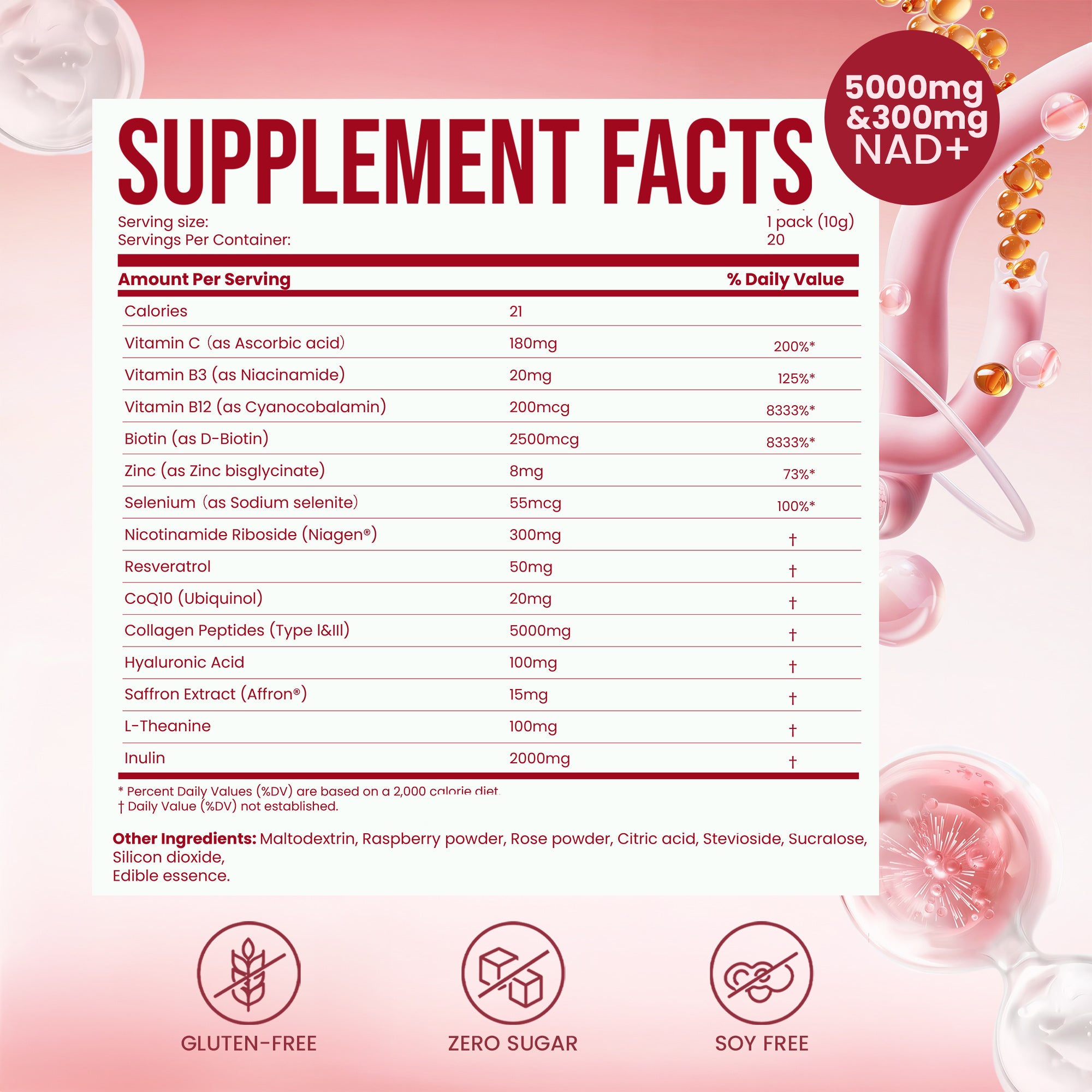 Nestrient GoTwenty youthful vitality powdered drink mix with NAD+, collagen, and CoQ10 in berry rose flavor, shown in a glass.