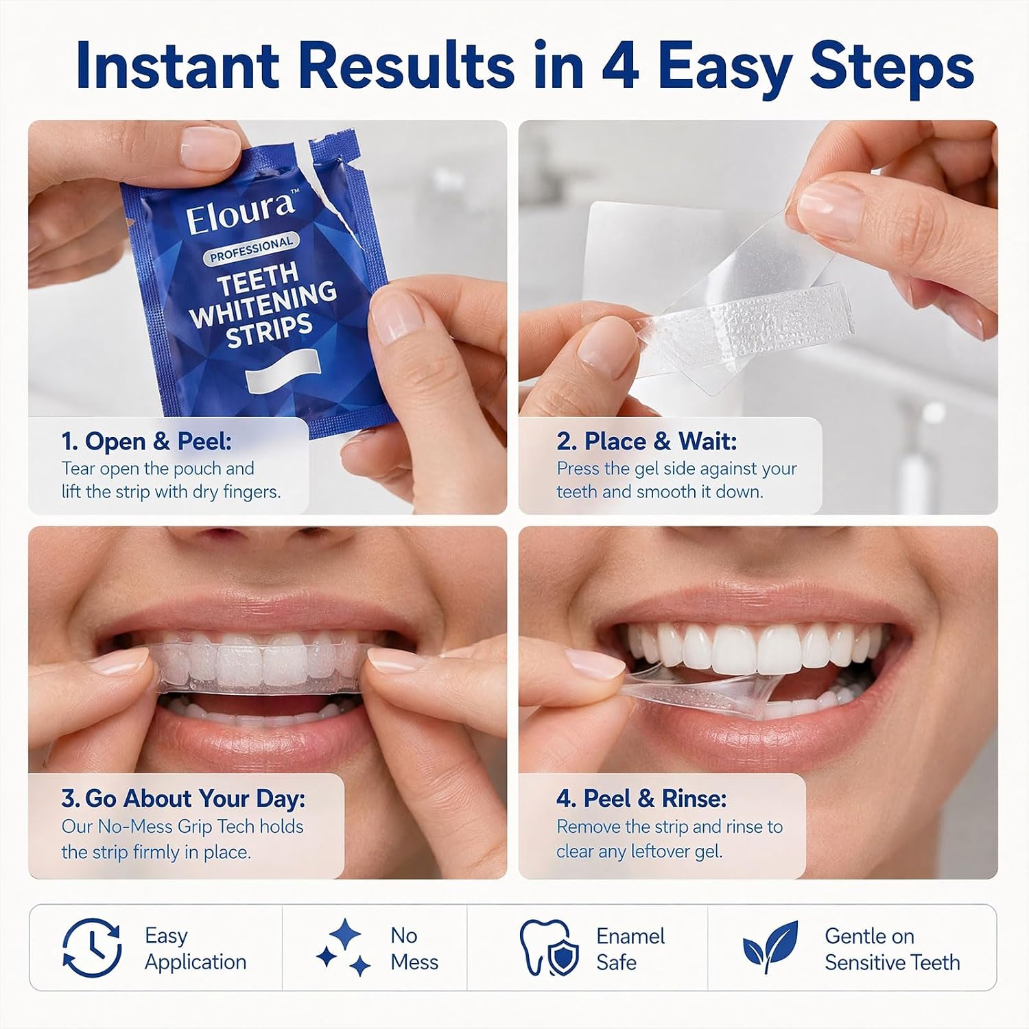 Nestrient Eloura Whitening Strips for instant teeth whitening, showing 14 strips in a clear blister pack.