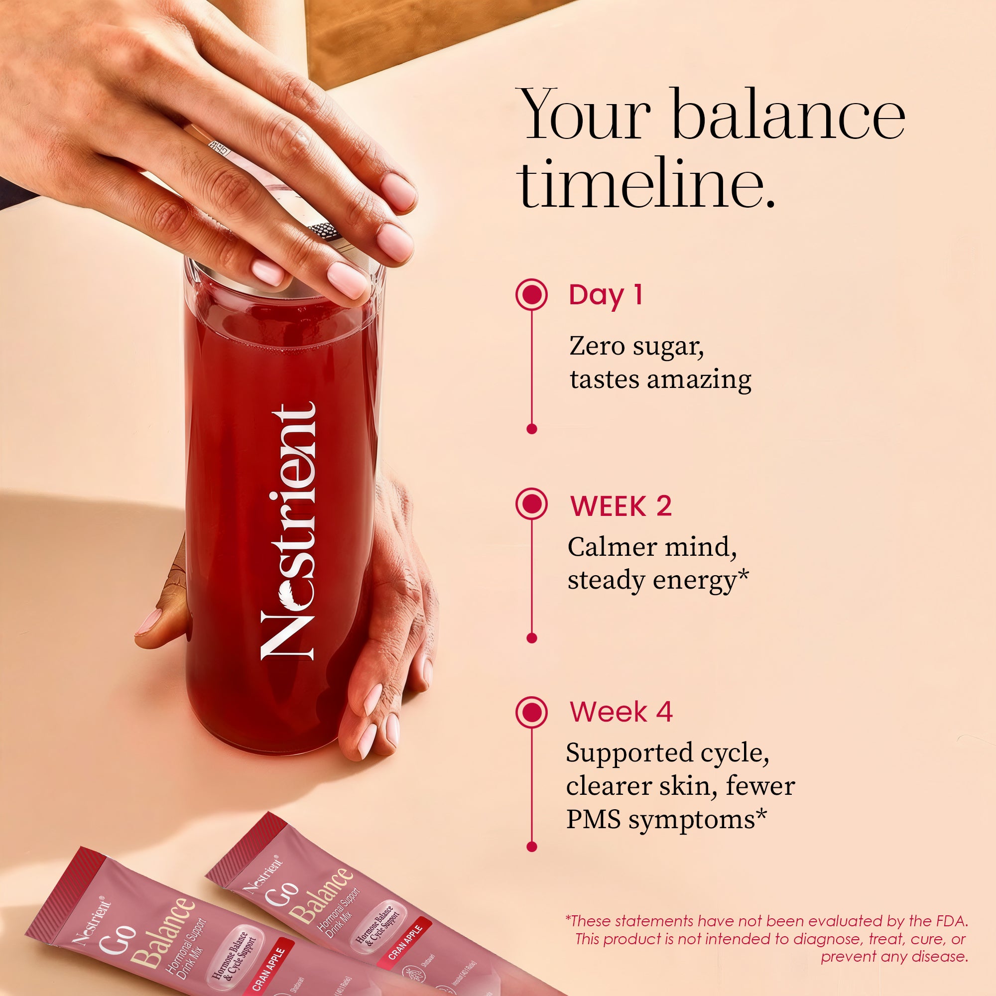 Nestrient GoBalance hormonal support drink mix packet with 40:1 ratio, shown in close-up with vibrant packaging design.