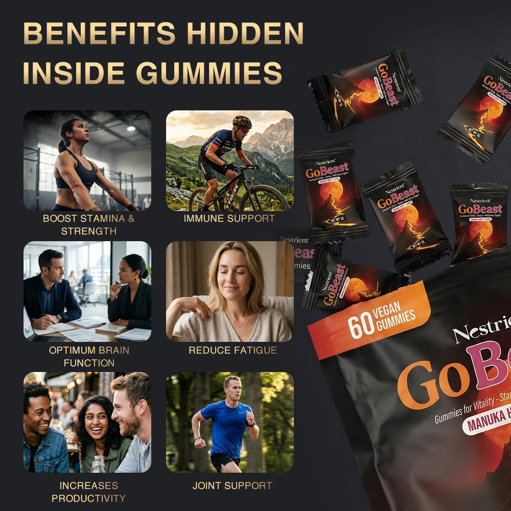 Nestrient GoBeast Shilajit Gummies with Manuka honey flavor, showing the bottle and gummies on a white background.