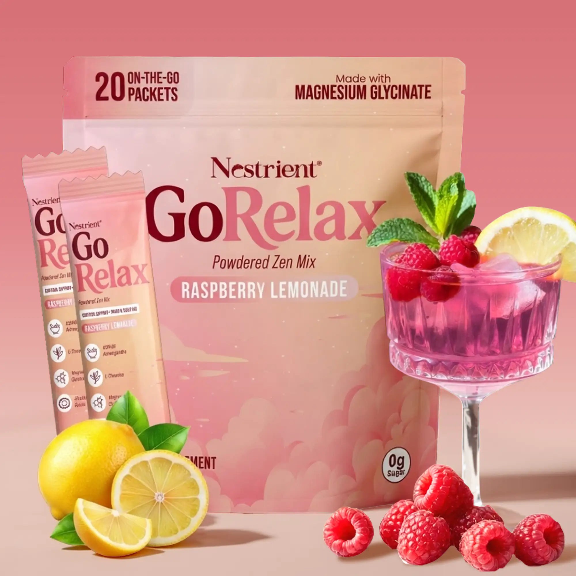 Sownex Nestrient GoRelax Raspberry Lemonade powdered drink mix with cortisol balance supplements in a glass with lemon and raspberry slices