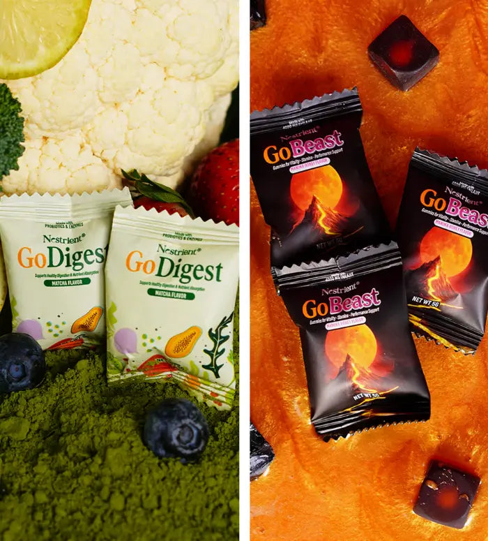 Two sets of Nestrient Go products on a green and orange background