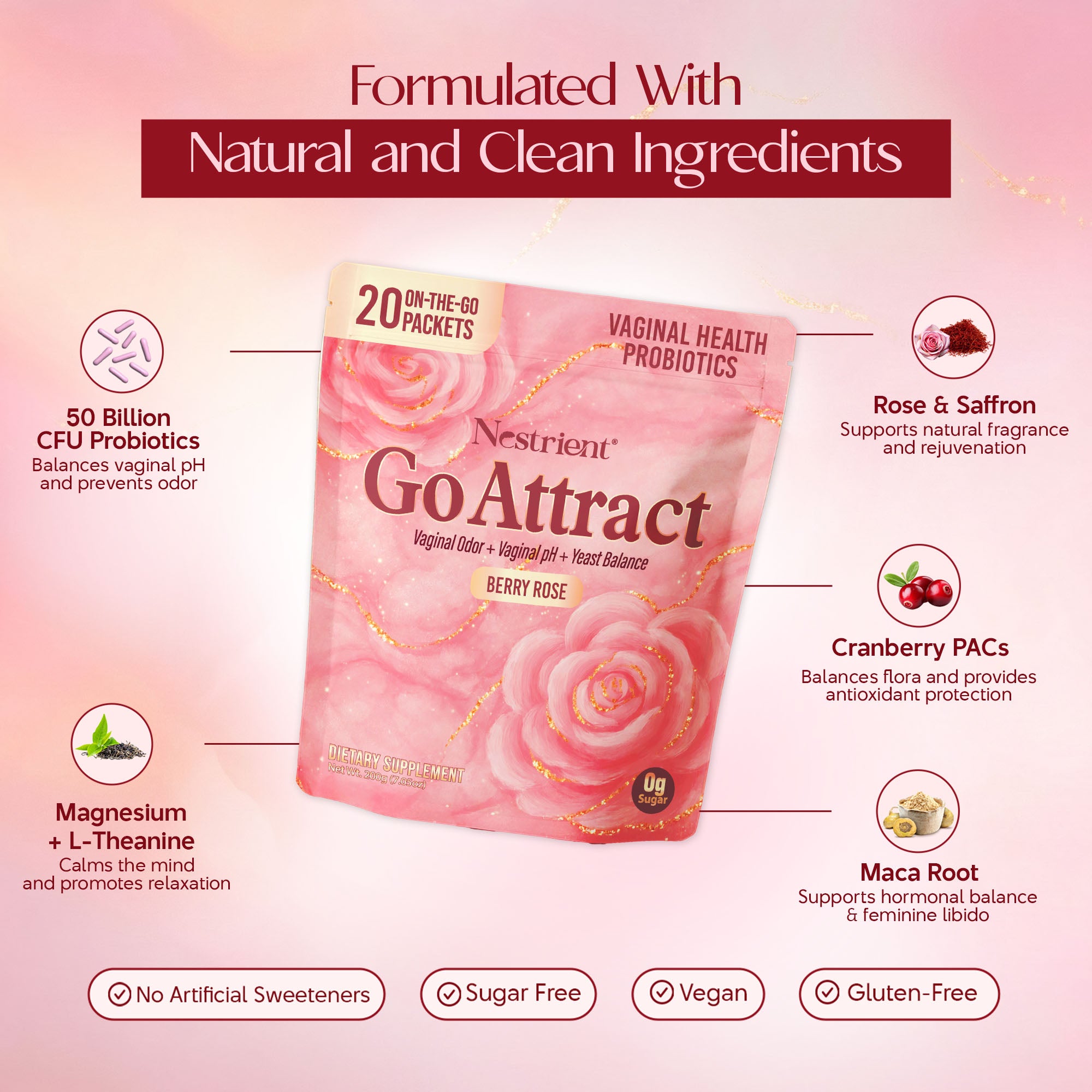 Nestrient GoAttract feminine balance glow drink mix with probiotics and rose extract in berry rose flavor, displayed in a glass.