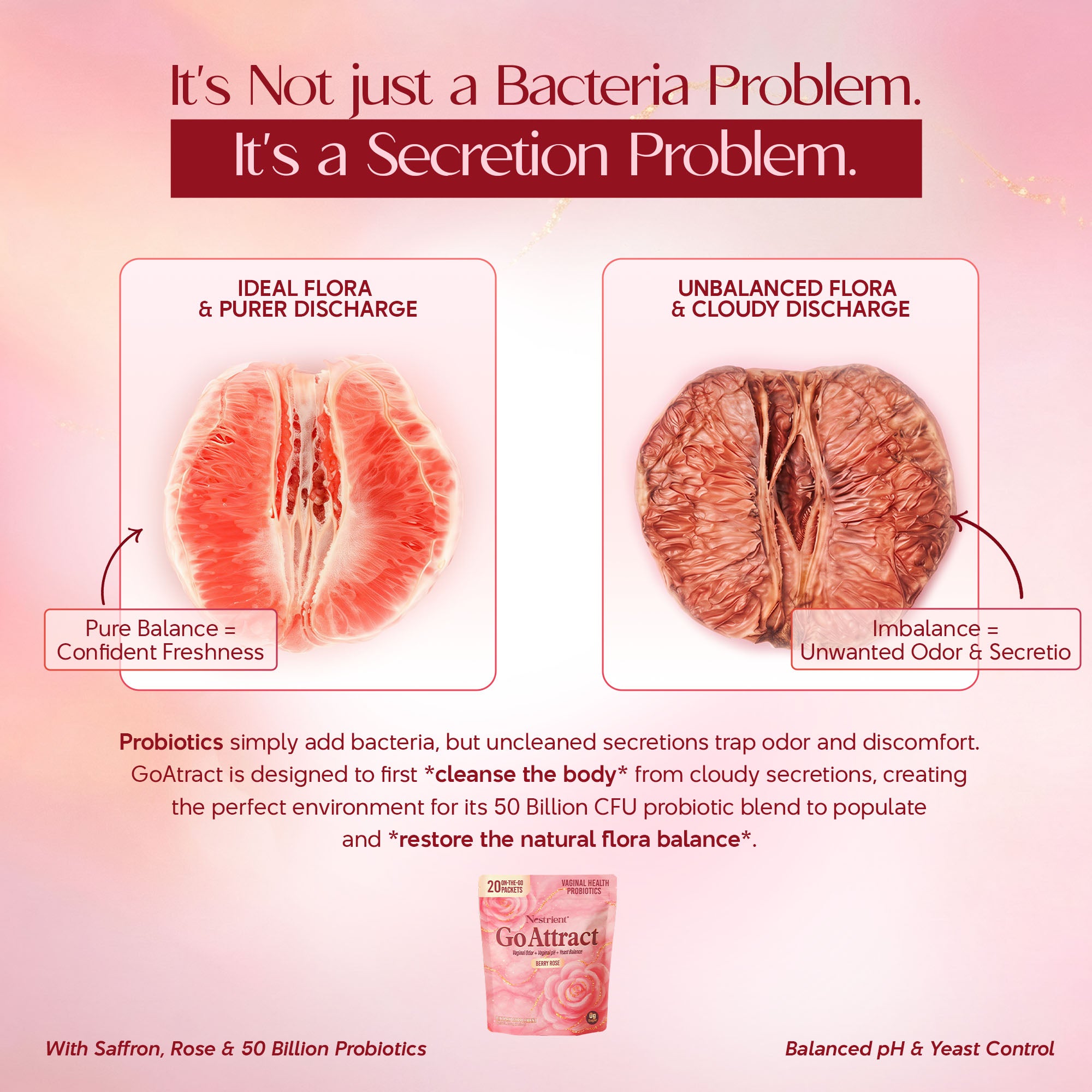 Nestrient GoAttract feminine balance glow drink mix with probiotics and rose extract, berry rose flavor, showing the powder packet and glass.
