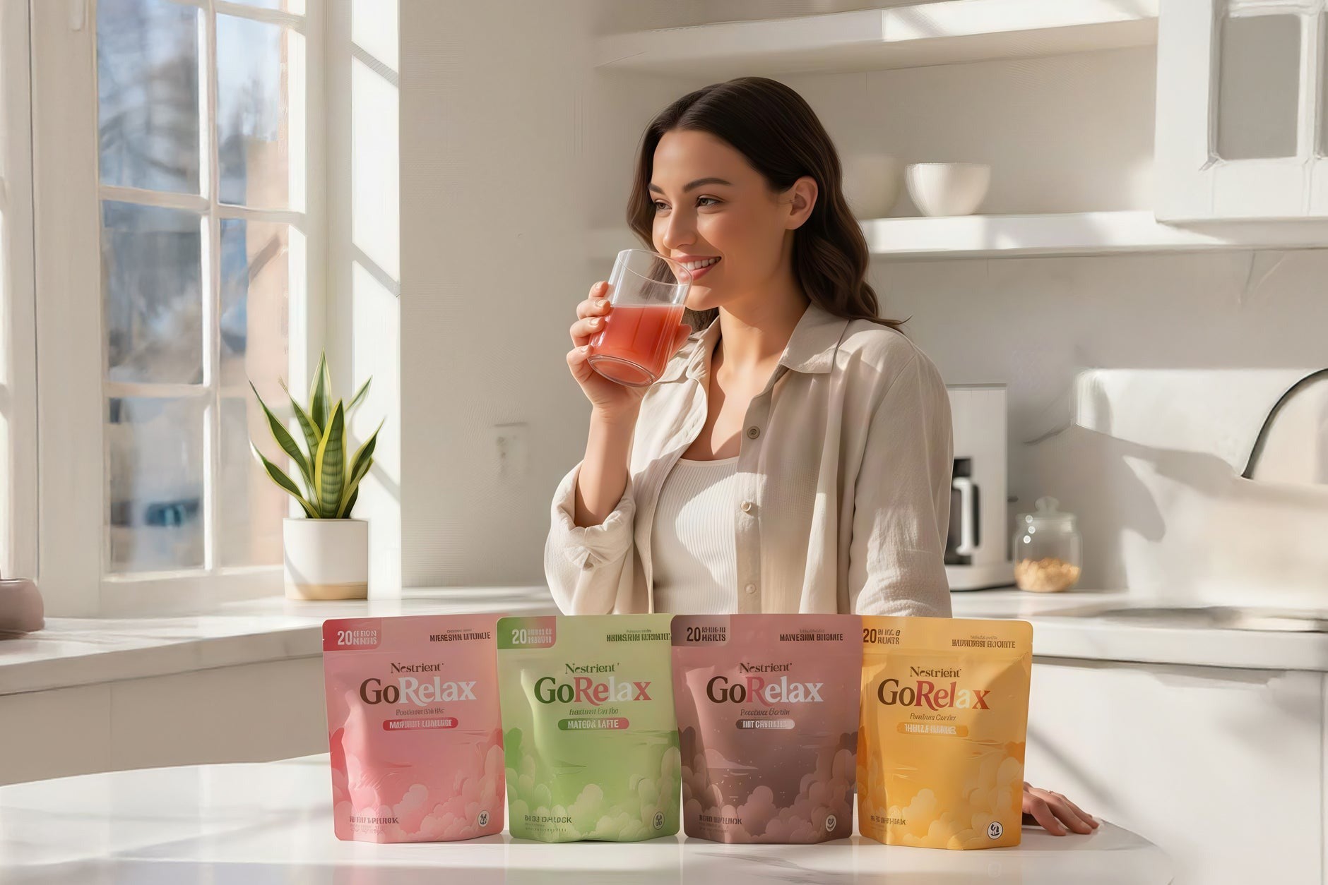 Woman drinking a beverage from a glass with GoRelax supplement packages on a table.