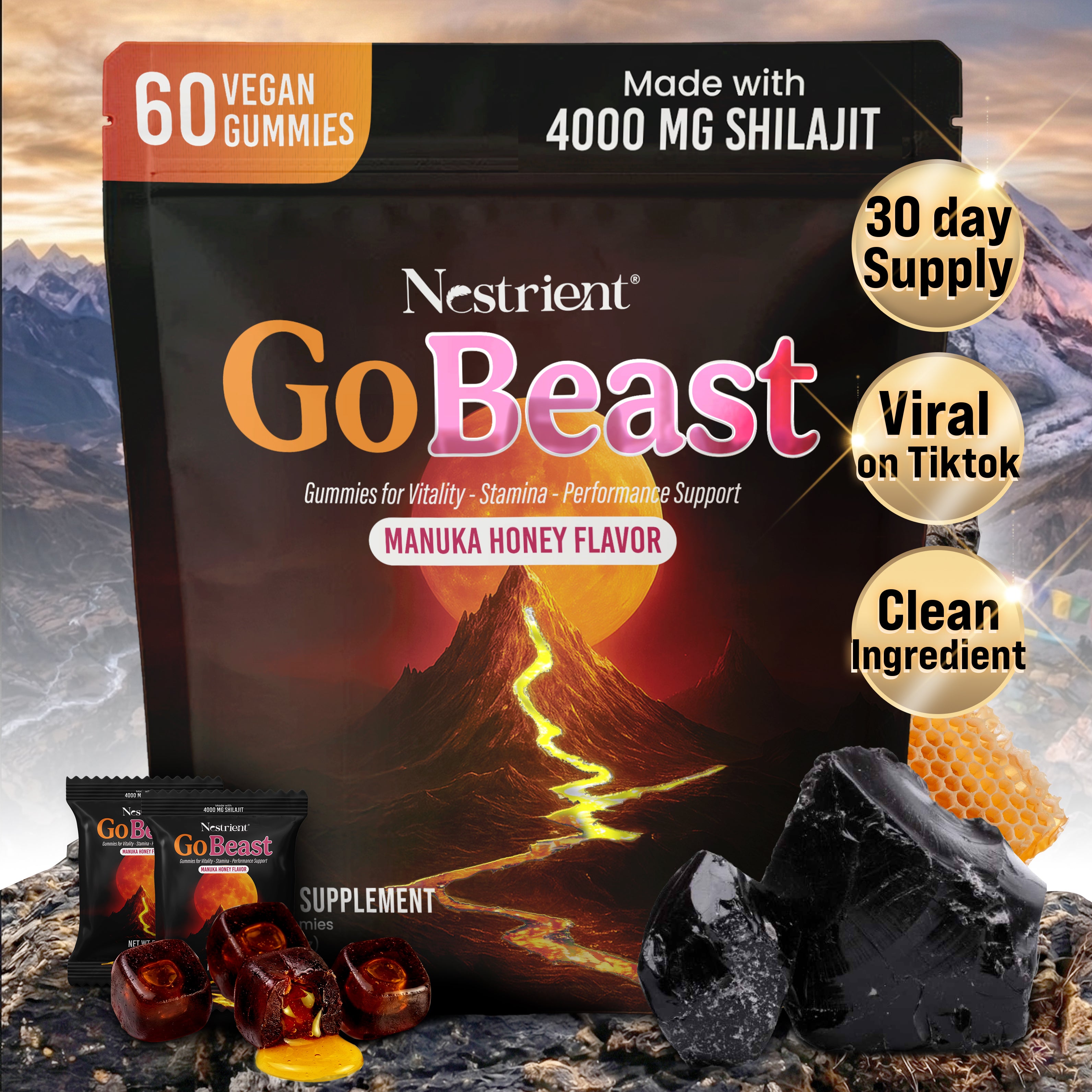 Nestrient GoBeast Shilajit Gummies with Manuka Honey flavor, showing the colorful gummy supplements in a clear container.