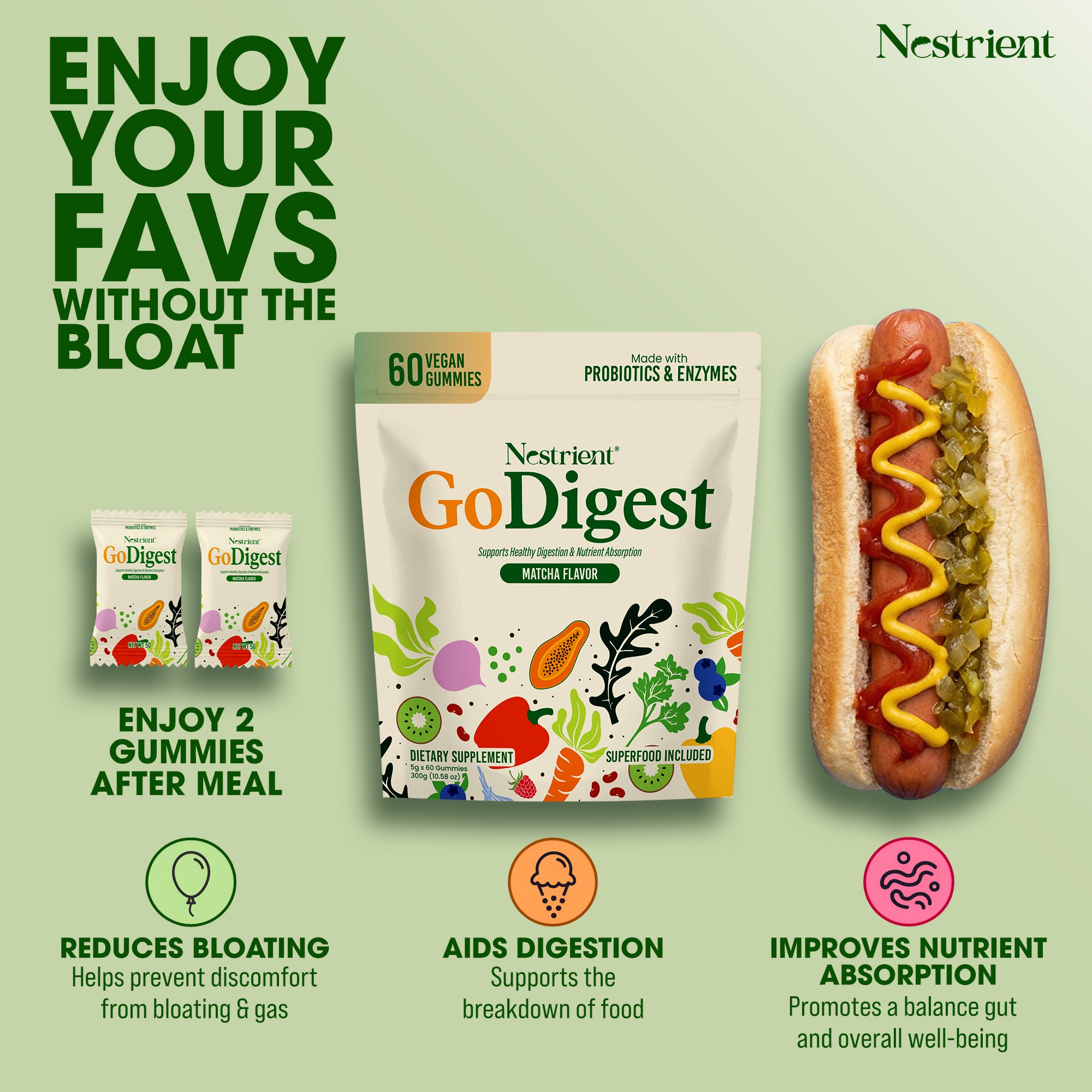 Nestrient GoDigest probiotics and enzymes gummies in matcha flavor, featuring colorful gummy shapes on a white background.