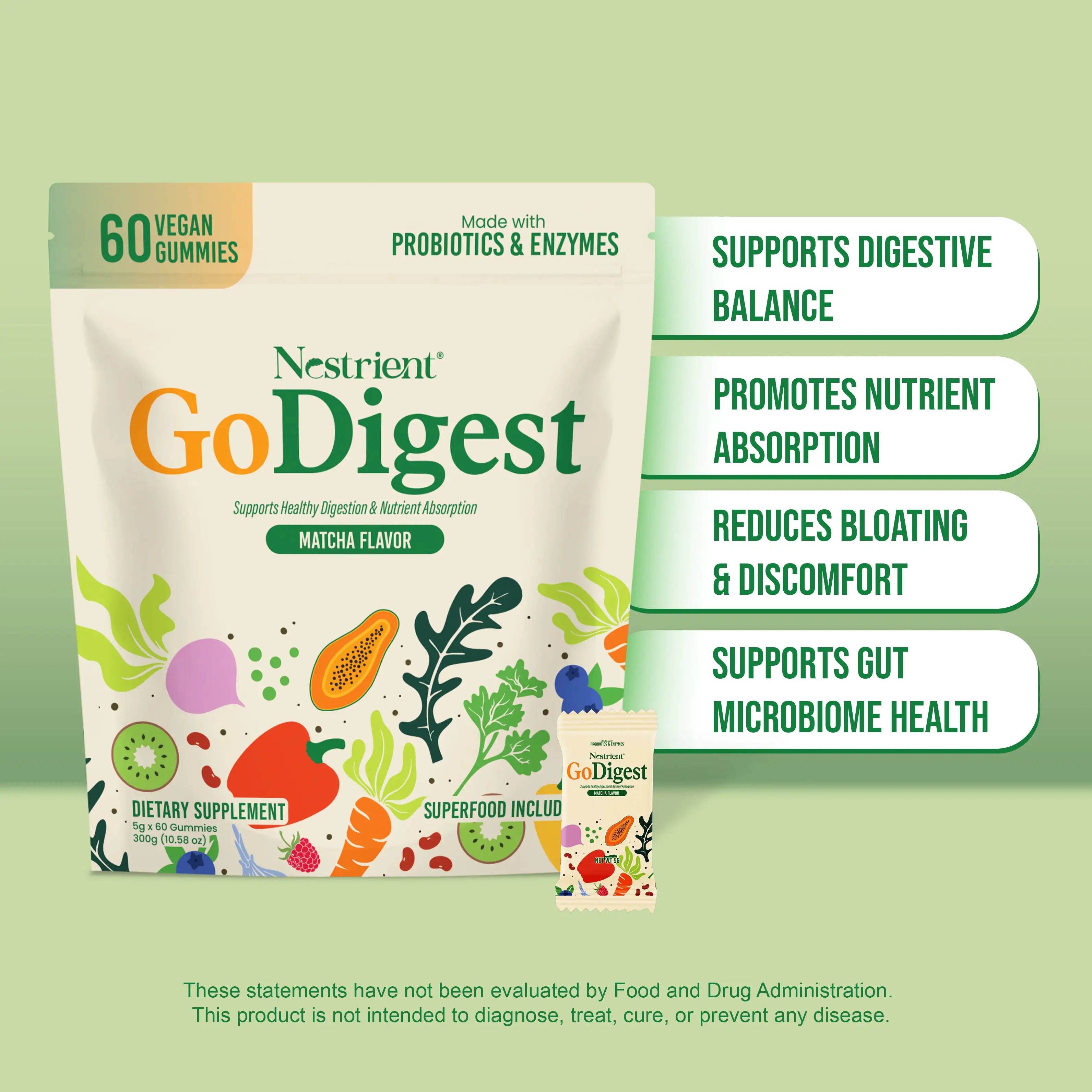 Nestrient GoDigest Probiotics & Enzymes Gummies in matcha flavor, showing a close-up of the green gummies on a white background.