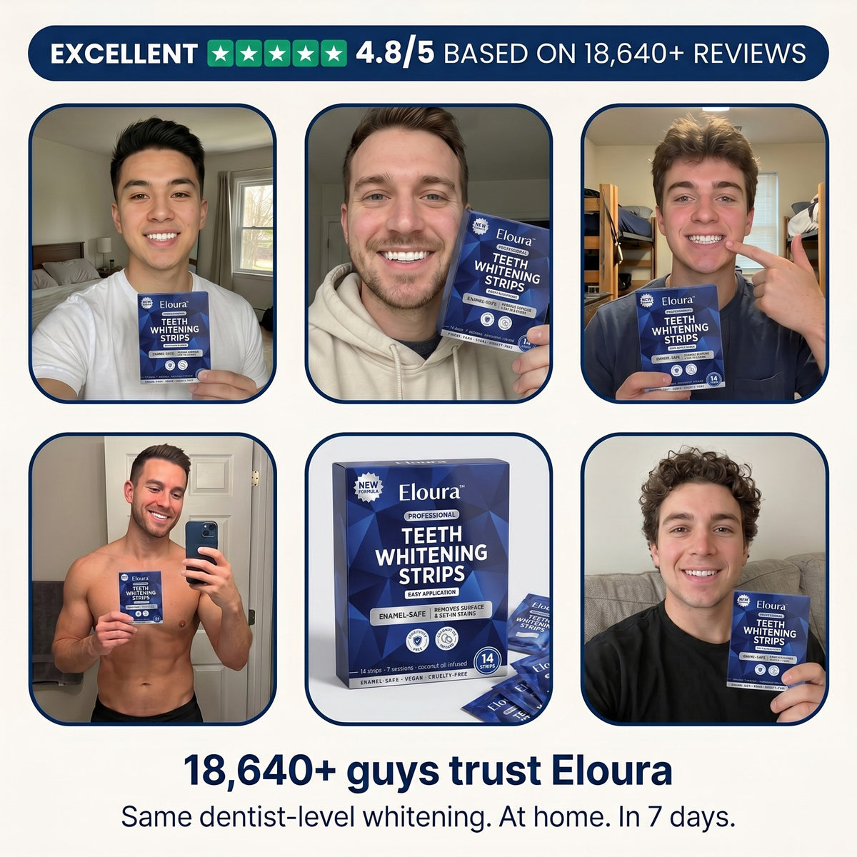Nestrient Eloura Whitening Strips for instant teeth whitening, showing 14 strips in a sleek white package on a plain background.
