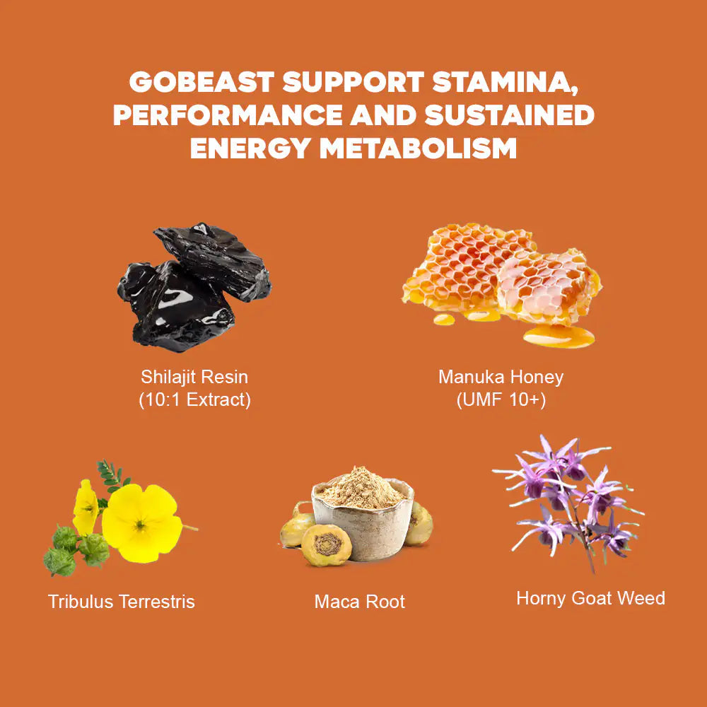 Nestrient GoBeast Shilajit Gummies with Manuka Honey flavor, showing the gummy supplement in a clear container on a white background.