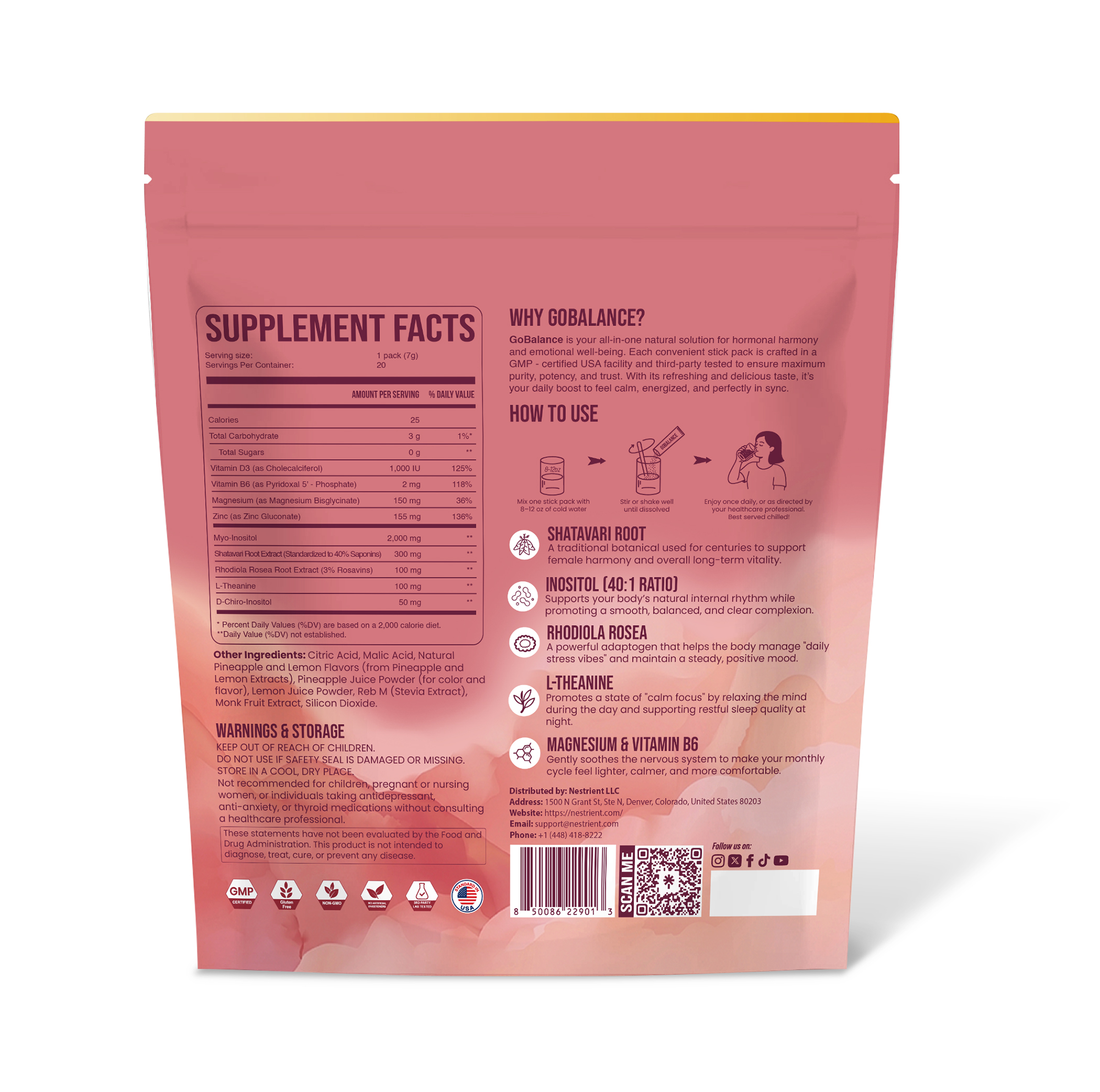 Nestrient GoBalance hormonal support drink mix with pine background, featuring the product packaging and ingredients.