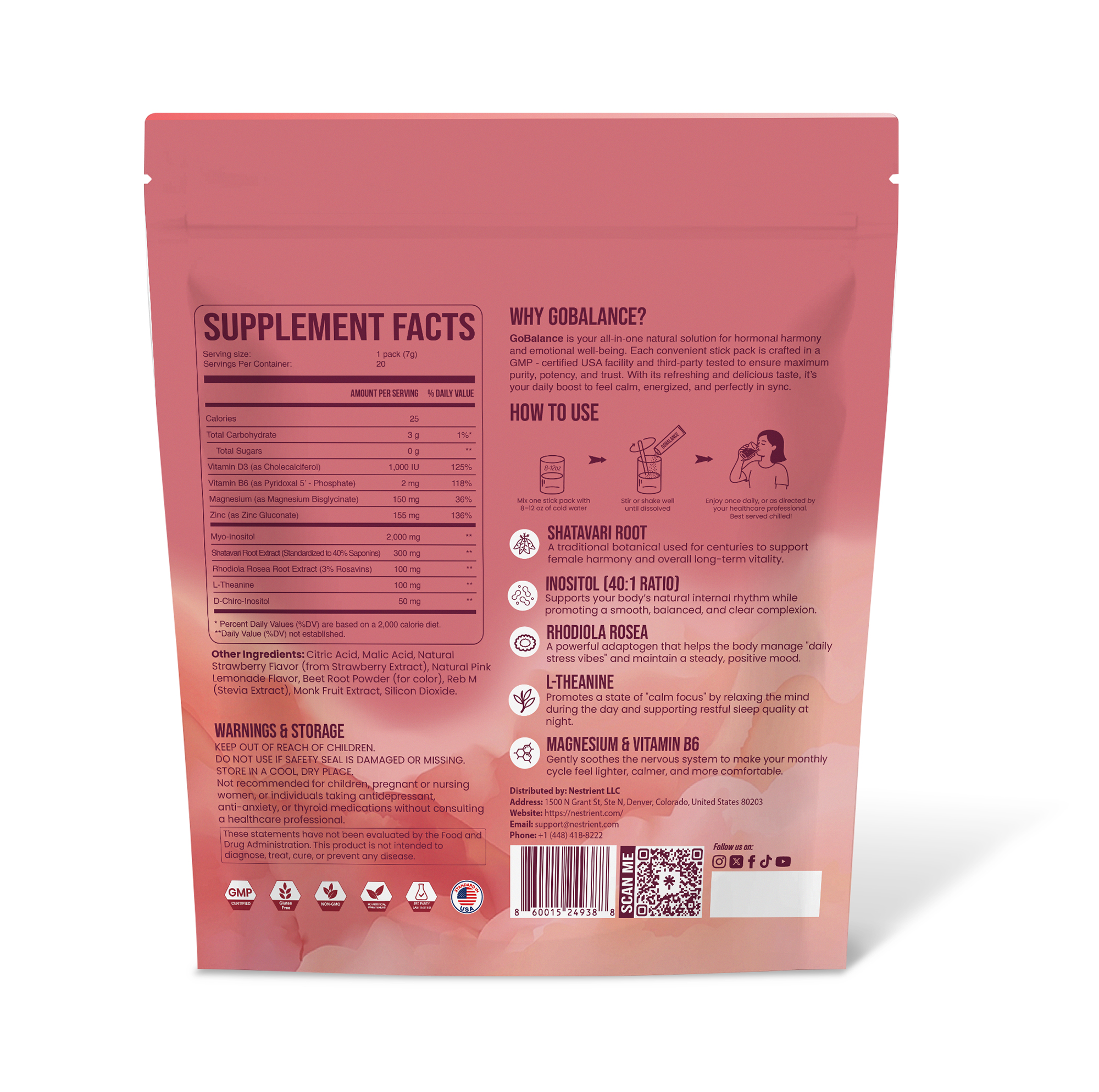 Nestrient GoBalance hormonal support drink mix with straw, featuring the 40:1 formula in a vibrant packaging.