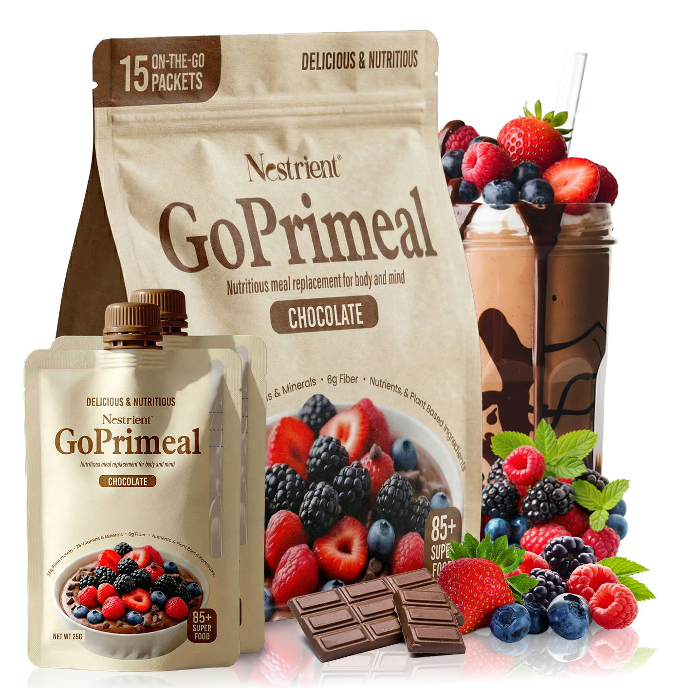 Nestrient GoPrimeal Vegan Protein Meal Shake with Probiotics, Digestive Enzymes & Adaptogens, Dried Superfood Included - Vanilla Flavour