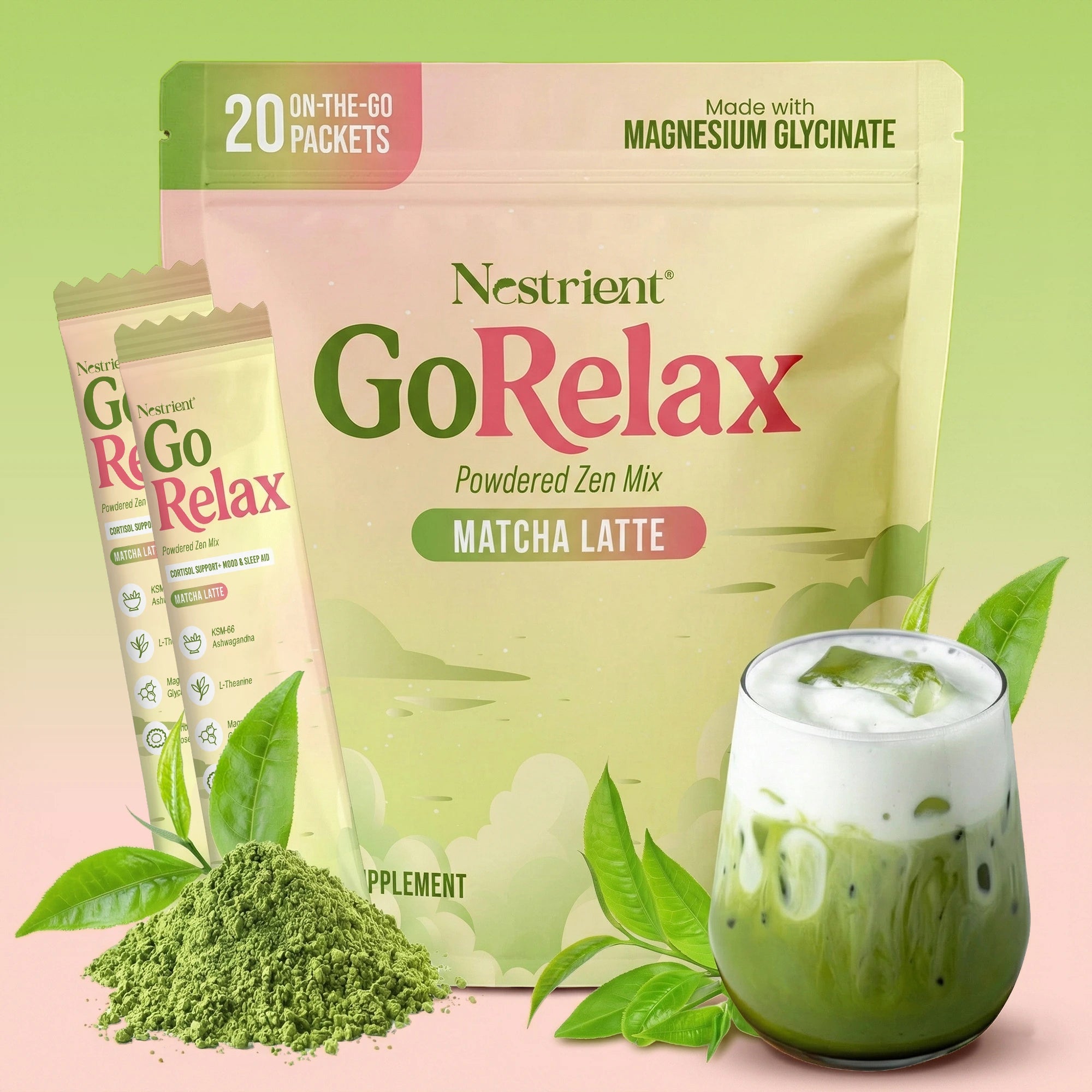 Vitamate GORELAX Calming Zen Mix dietary supplement container with herbal blend and calming ingredients on a neutral background.