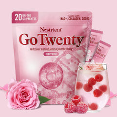 Nestrient GoTwenty Youthful Vitality Powdered Drink Mix with NAD+, Collagen, COQ10 – Berry Rose Flavor