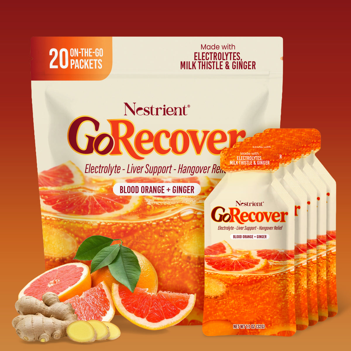 Nestrient GoRecover Liver Detox, Hangover Relief Gel Sachet with Electrolyte, Milk thistle – Blood Orange & Ginger Flavor