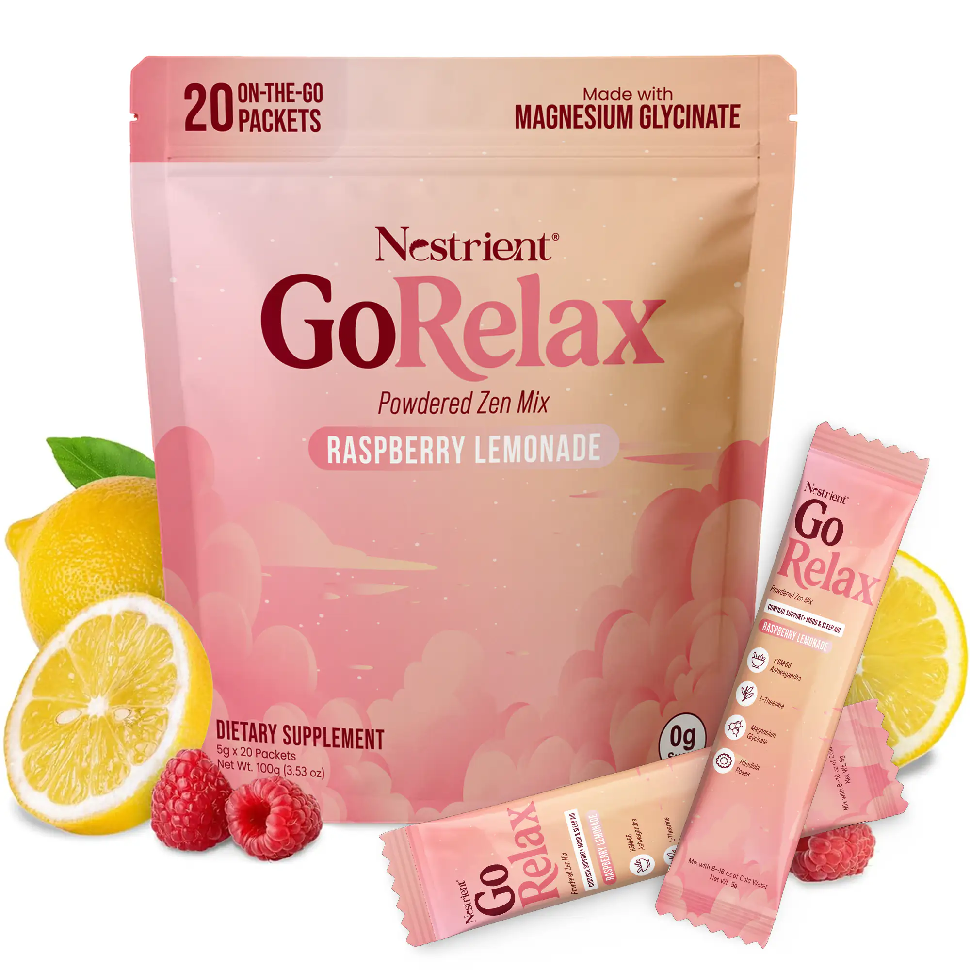 Nestrient GoRelax Raspberry Lemonade powdered drink mix by Sownex, cortisol balance supplement in a colorful packet.