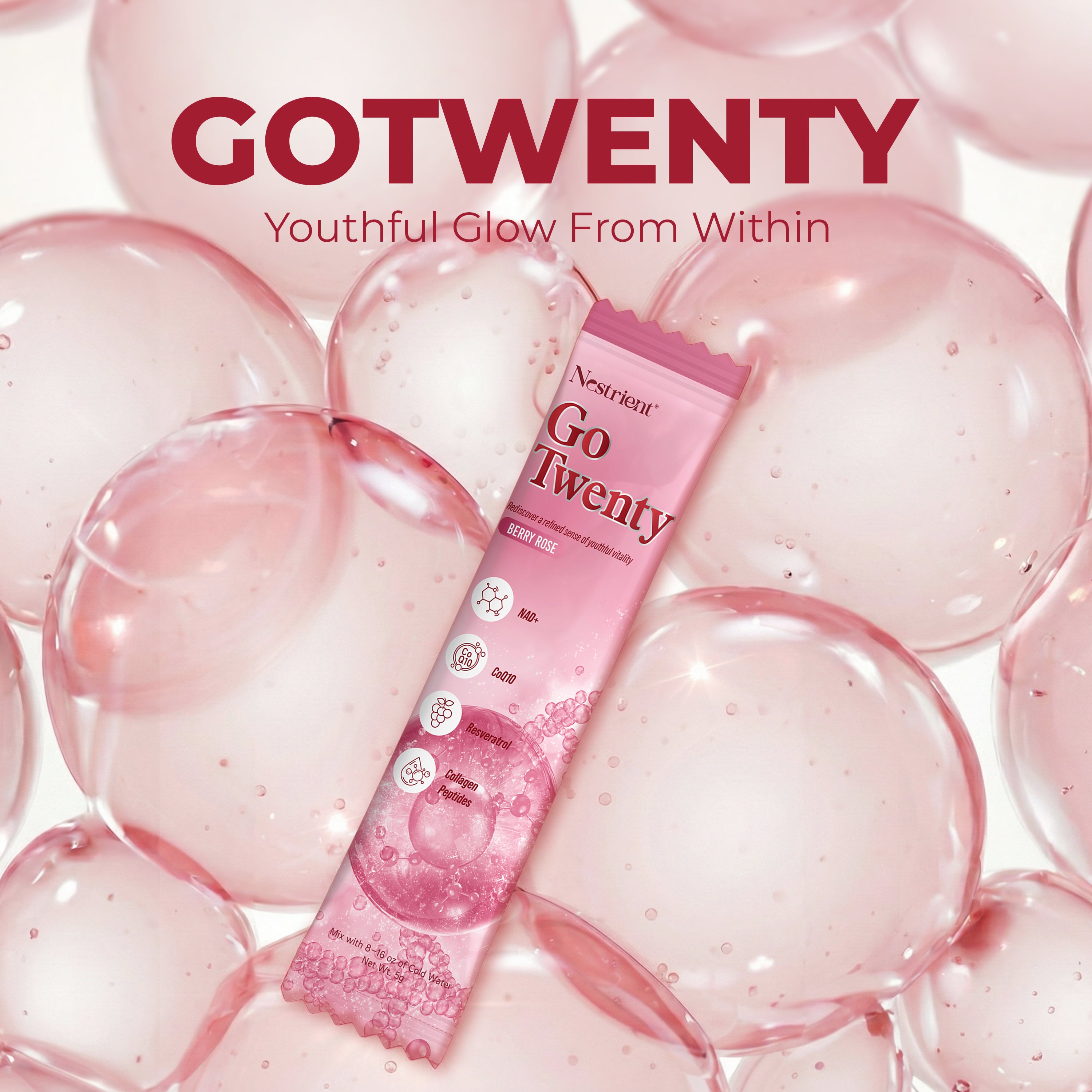Nestrient GoTwenty Youthful Vitality Powdered Drink Mix with NAD+, Collagen, COQ10 – Berry Rose Flavor