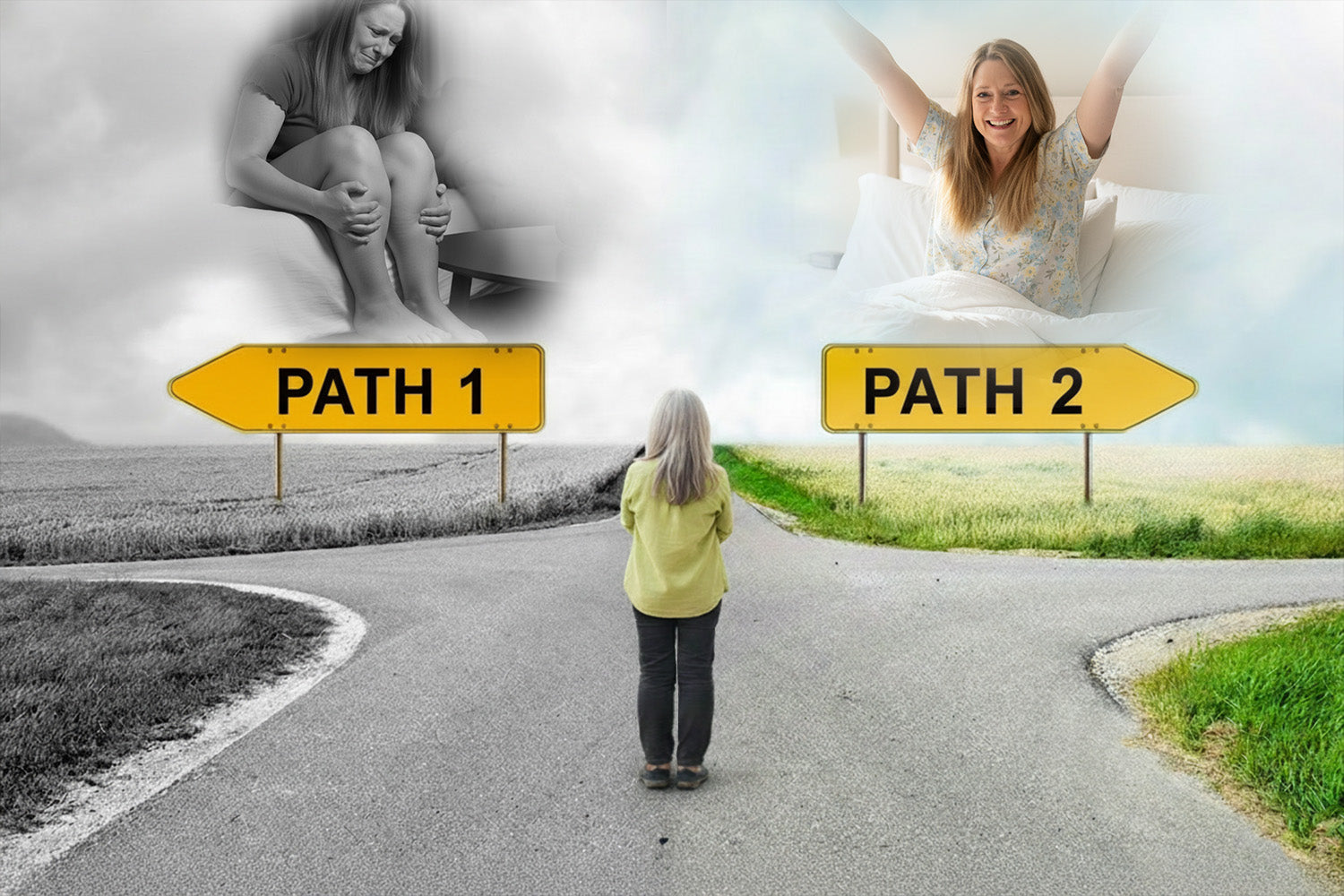 Person standing at a crossroads with two paths labeled 'Path 1' and 'Path 2', one leading to a sad scene and the other to a happy scene.