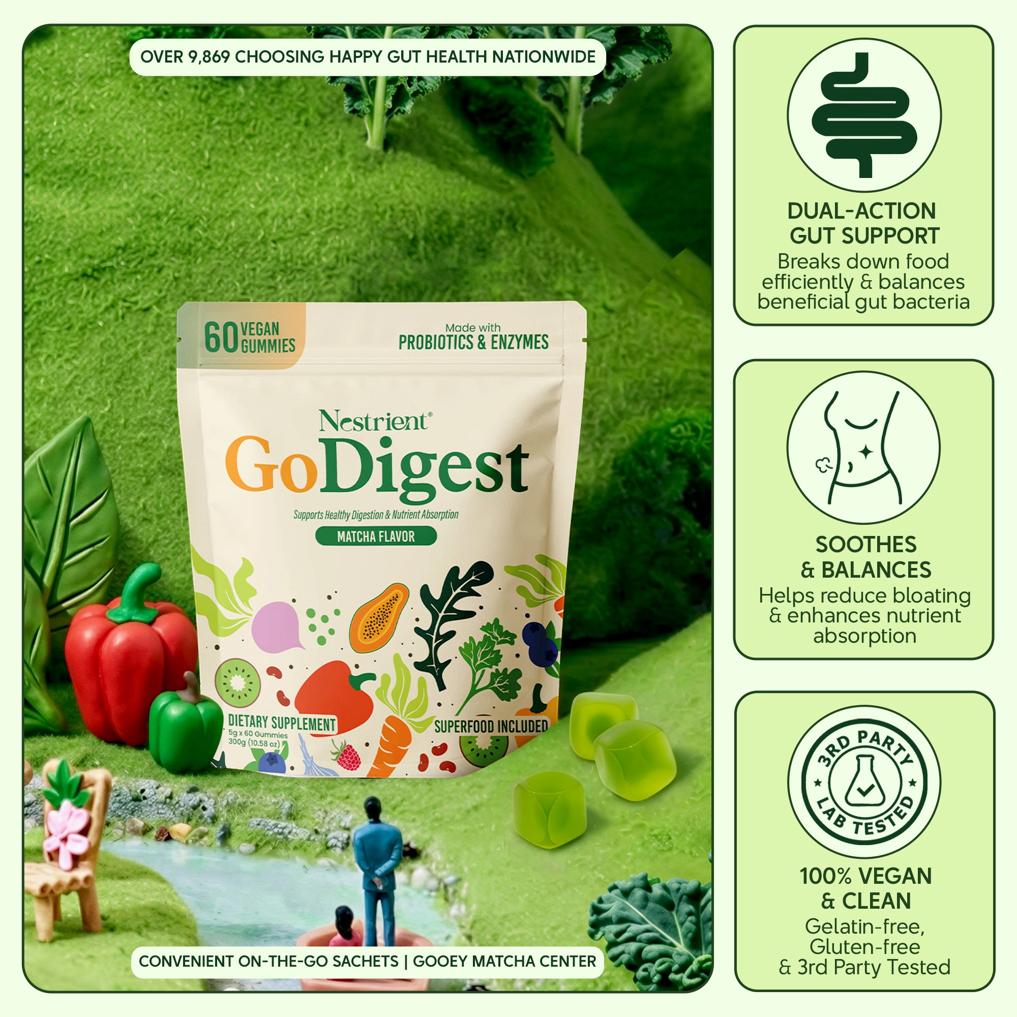 Nestrient GoDigest Probiotics & Enzymes Gummies in matcha flavor, featuring green matcha-flavored chewable supplement with colorful gummies.