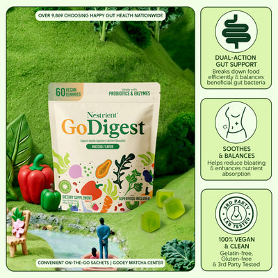 Nestrient GoDigest Probiotics & Enzymes Gummies in matcha flavor, featuring green matcha-flavored chewable supplement with colorful gummies.