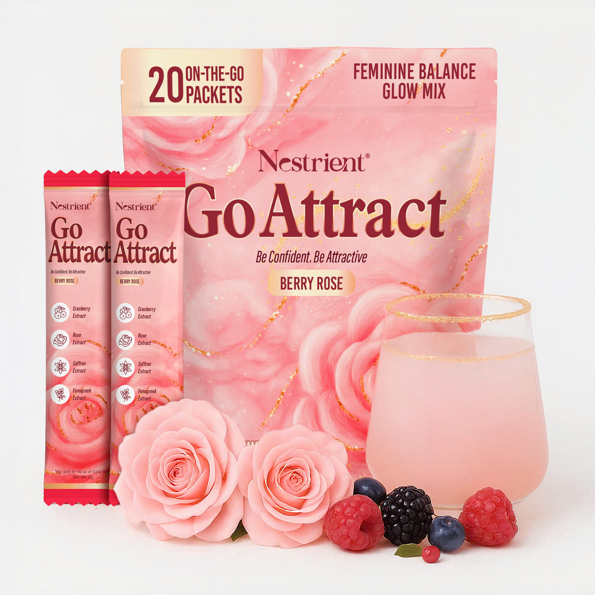 Nestrient GoAttract Feminine Balance Glow Drink Mix with Probiotics & Rose Extract – Berry Rose Flavor
