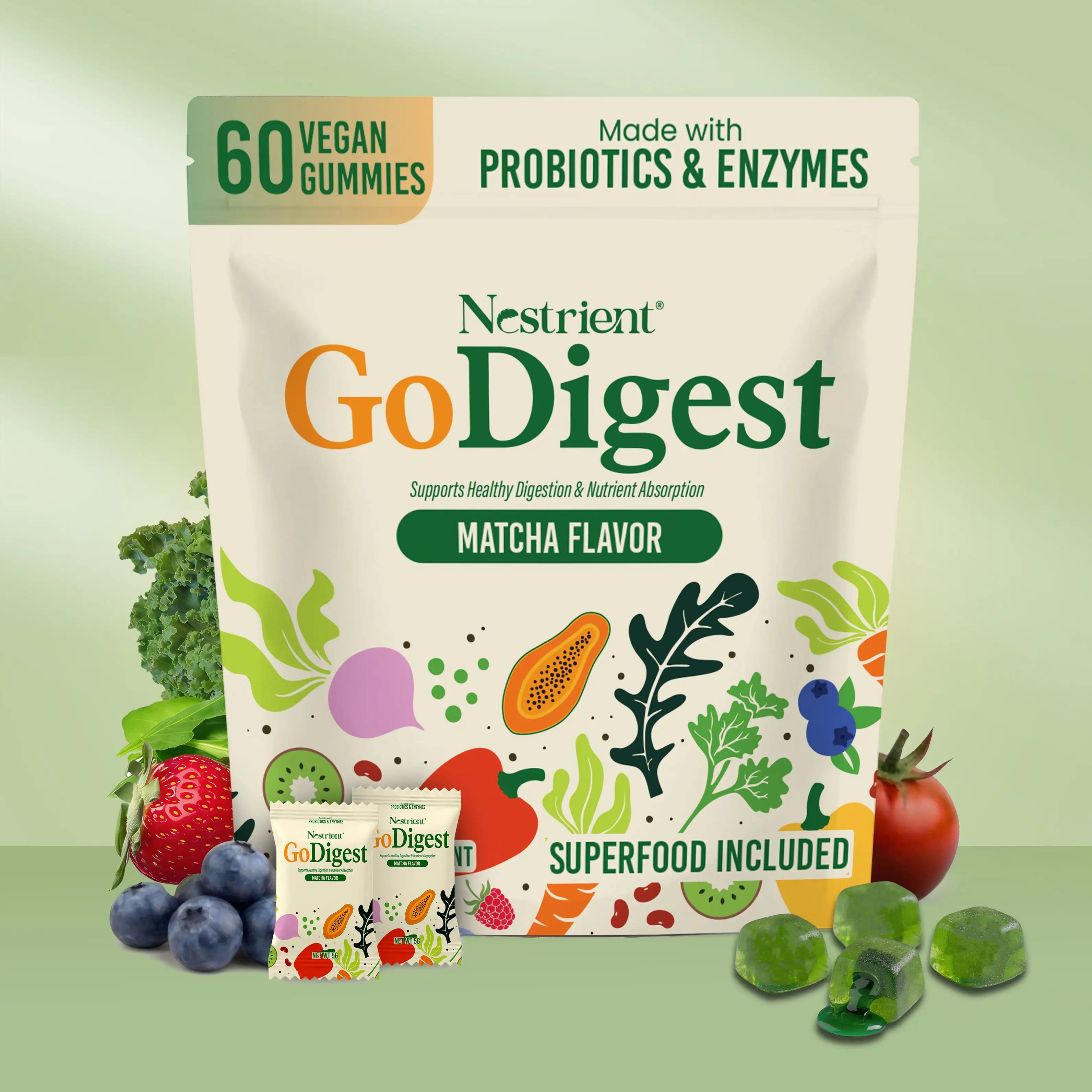 Nestrient GoDigest Probiotics & Enzymes Gummies in matcha flavor, showing vibrant green gummies on a white background.