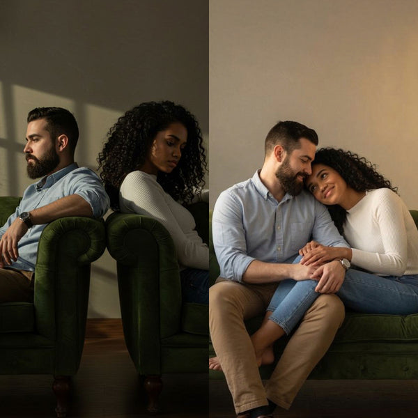 Two couples sitting on a couch, one couple embracing and the other looking away.