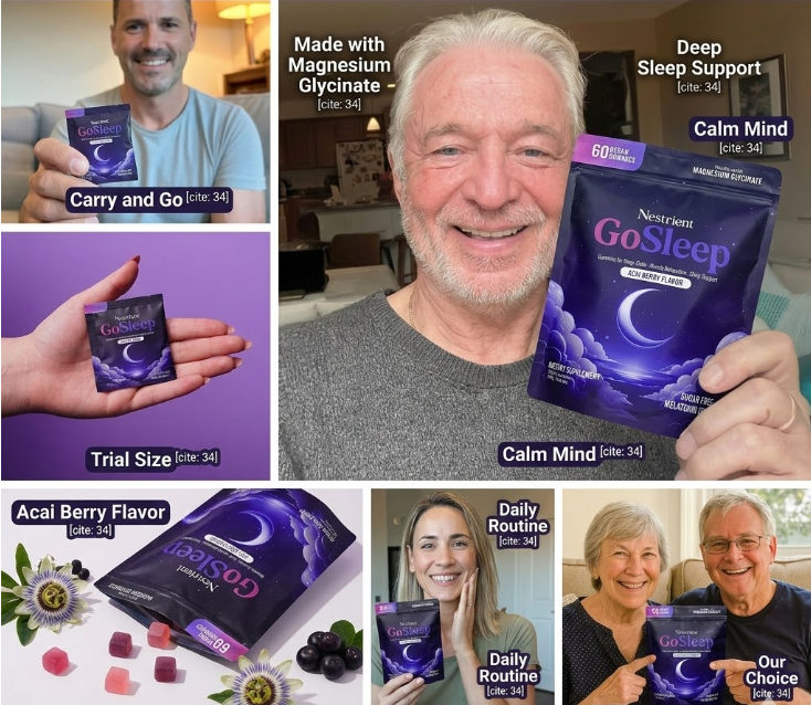 Promotional collage of a man holding a package of Nestlé GoSleep supplements with various product images and text.