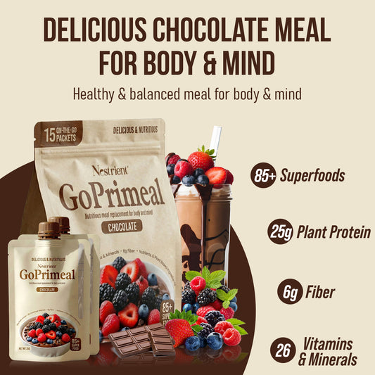 Nestrient GoPrimeal Vegan Protein Meal Shake with Probiotics, Digestive Enzymes & Adaptogens, Dried Superfood Included - Vanilla Flavour