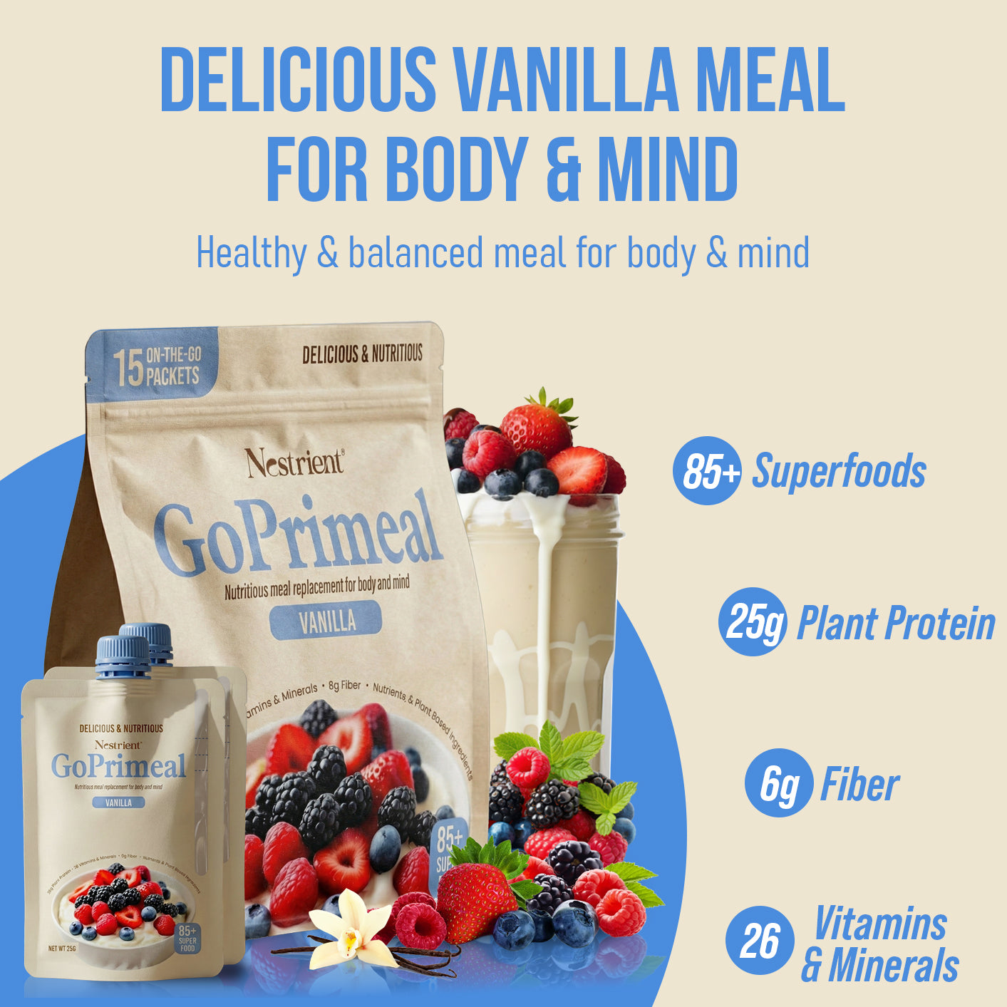 Nestrient GoPrimeal Vegan Protein Meal Shake with Probiotics, Digestive Enzymes & Adaptogens, Dried Superfood Included - Chocolate Flavour