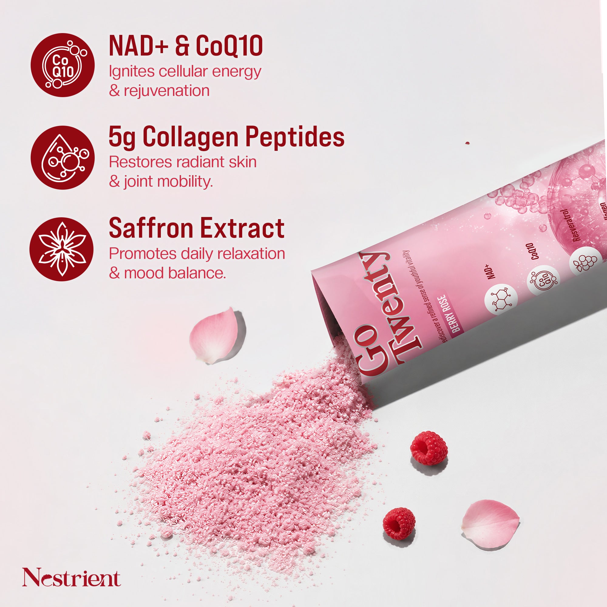 Nestrient GoTwenty Youthful Vitality Powdered Drink Mix with NAD+, Collagen, COQ10 – Berry Rose Flavor