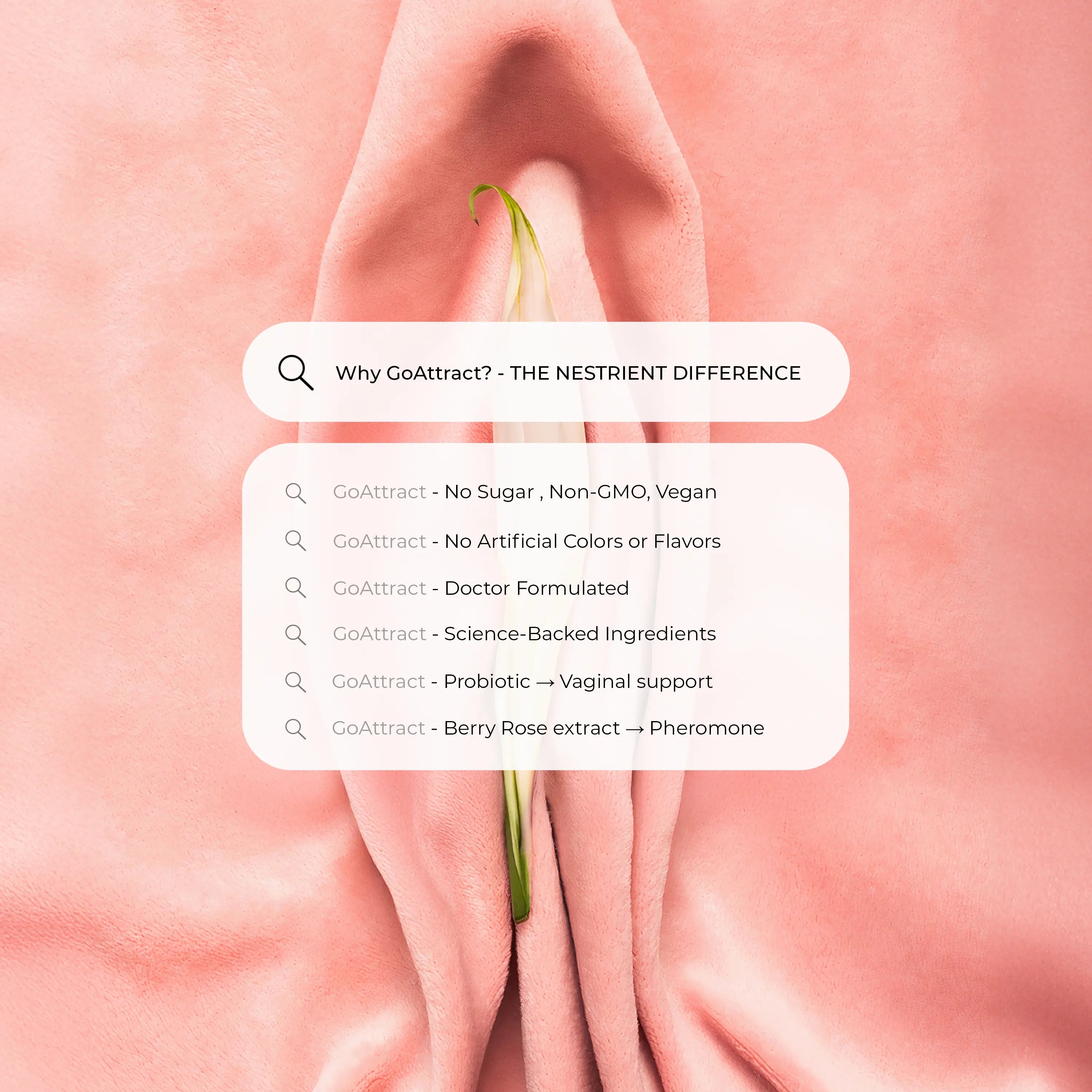 Product packaging with text highlighting features on a pink background