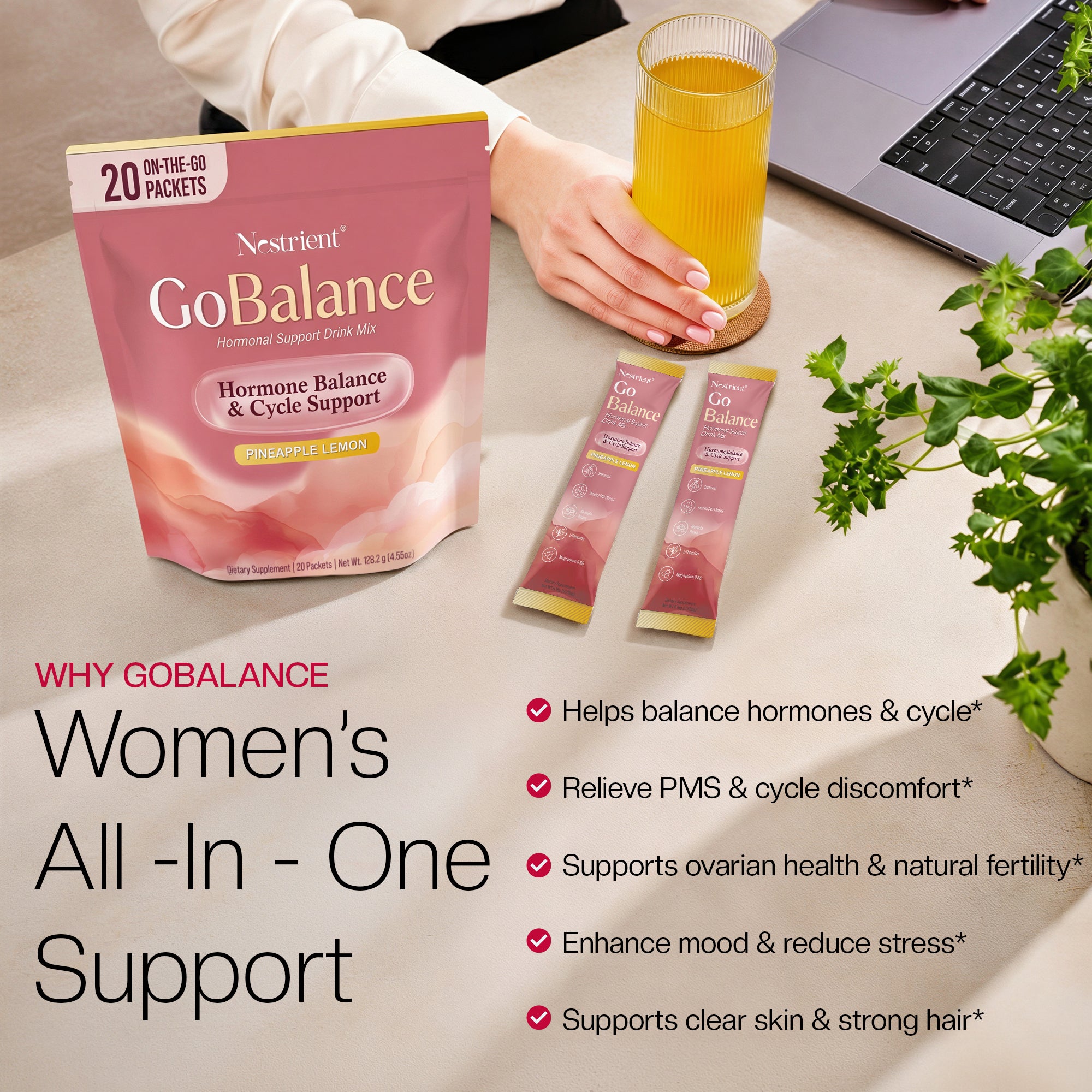 Nestrient GoBalance hormonal support drink mix with 40:1 ratio in a clear glass, showing the powder and mixing process.