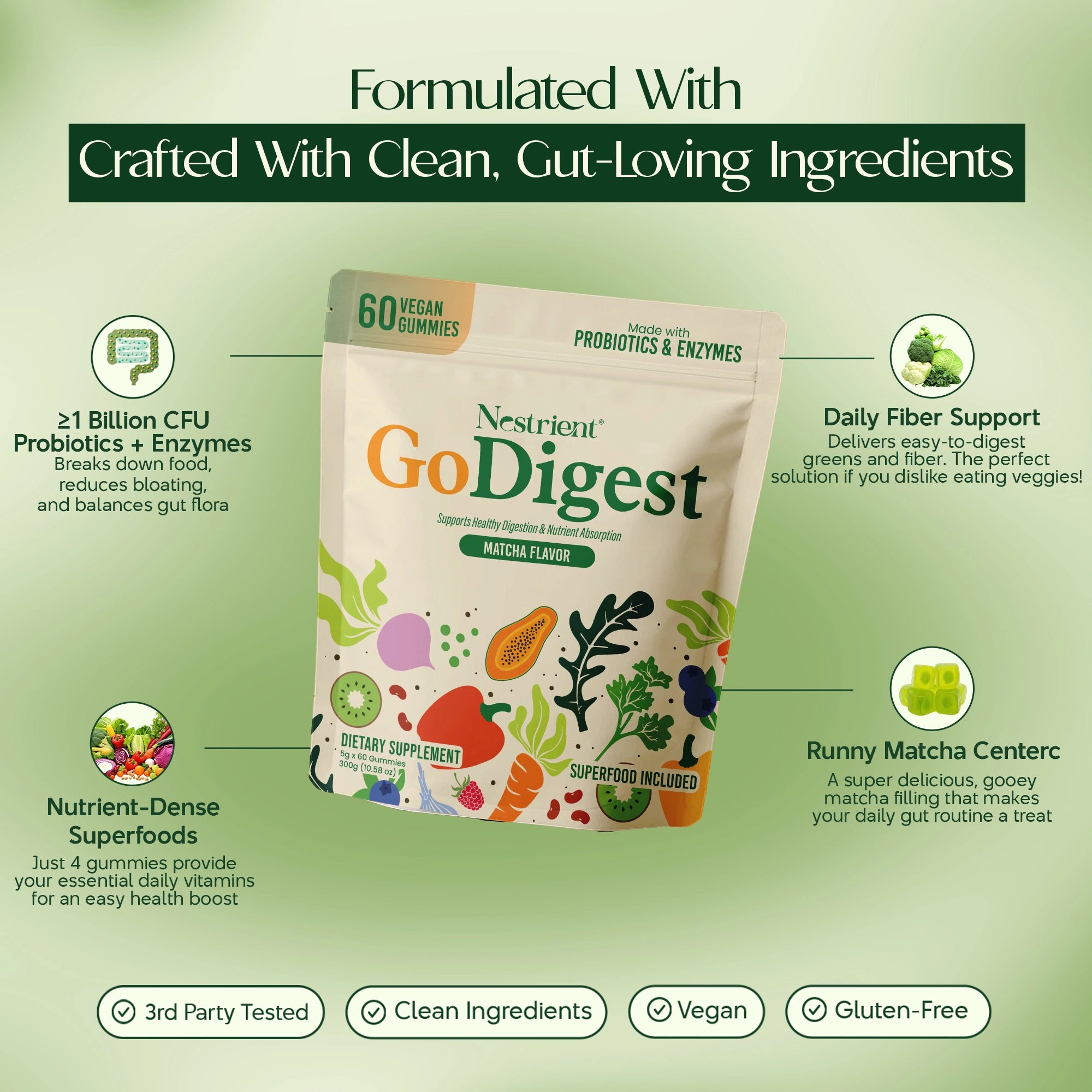 Nestrient GoDigest probiotics and enzymes gummies in matcha flavor, showing a close-up of the colorful, chewy gummies on a white background.