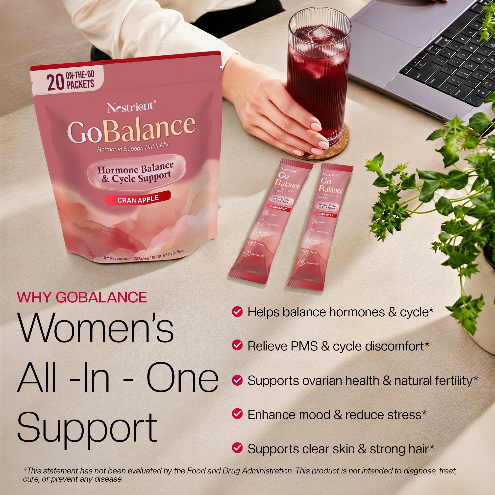 Nestrient GoBalance hormonal support drink mix with 40:1 powder in a scoop and container, showing the product's packaging and scoop.