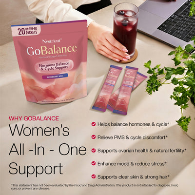 Nestrient GoBalance hormonal support drink mix featuring a box of powder packets and a glass of prepared supplement drink.