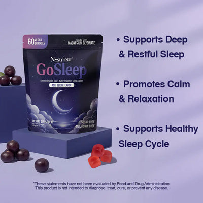 Nestrient GoSleep melatonin-free sleep gummies in acai berry flavor, showing three gummies on a white background.
