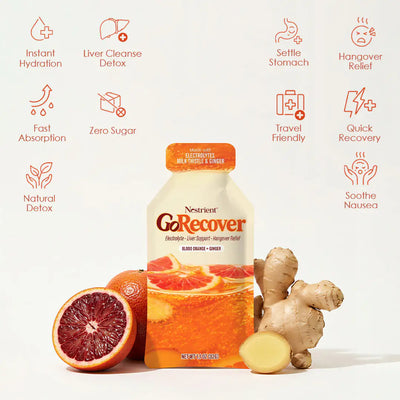 Nestrient GoRecover Liver Detox gel sachet with blood orange and ginger flavor, featuring milk thistle and electrolytes for hangover relief
