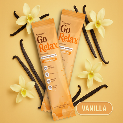 Sownex Nestrient GoRelax vanilla caramel powdered drink mix with cortisol balance supplements, in a cup with a spoon and vanilla caramel flavor.