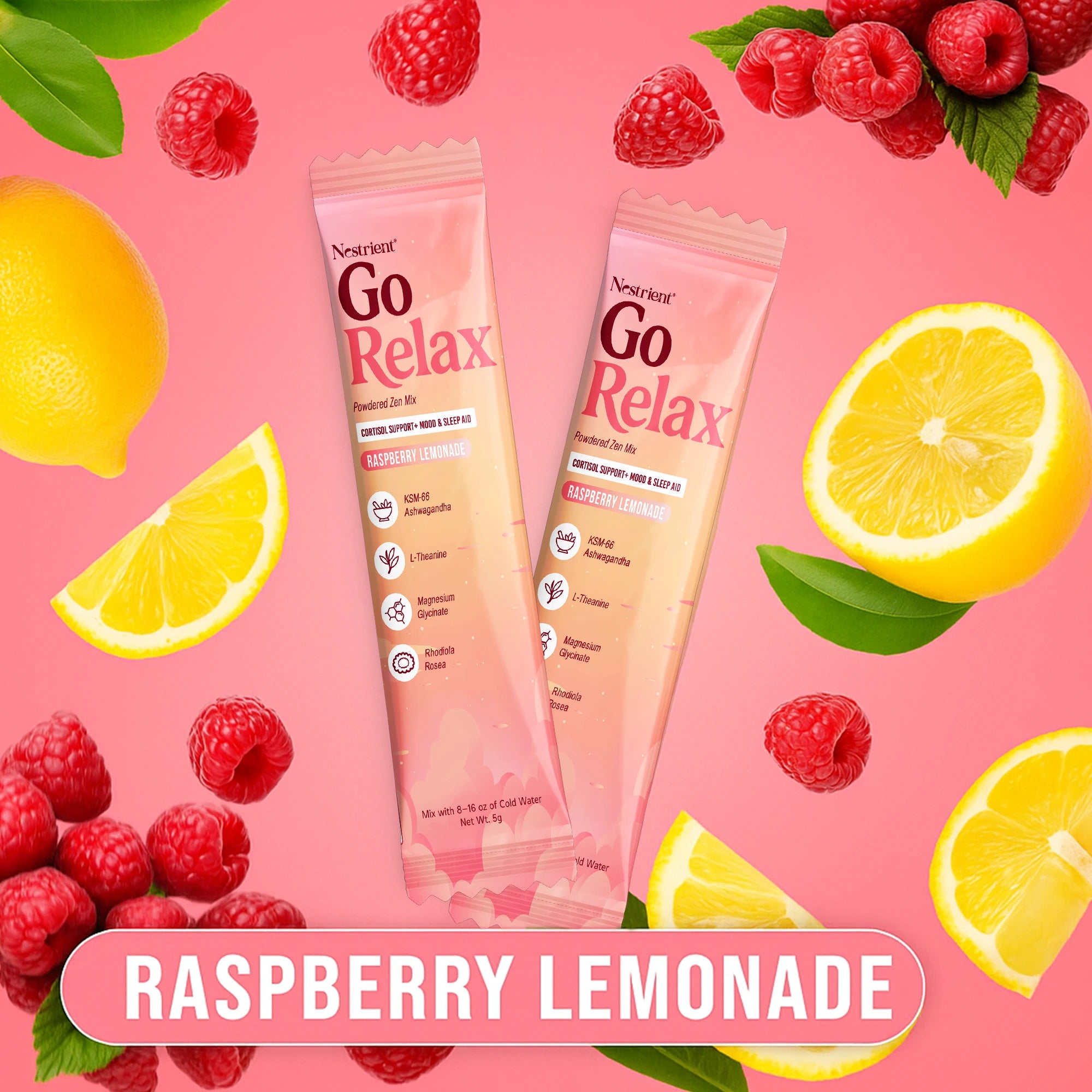 Sownex Nestrient GoRelax Raspberry Lemonade powdered drink mix for cortisol balance, featuring vibrant raspberry and lemon flavor.