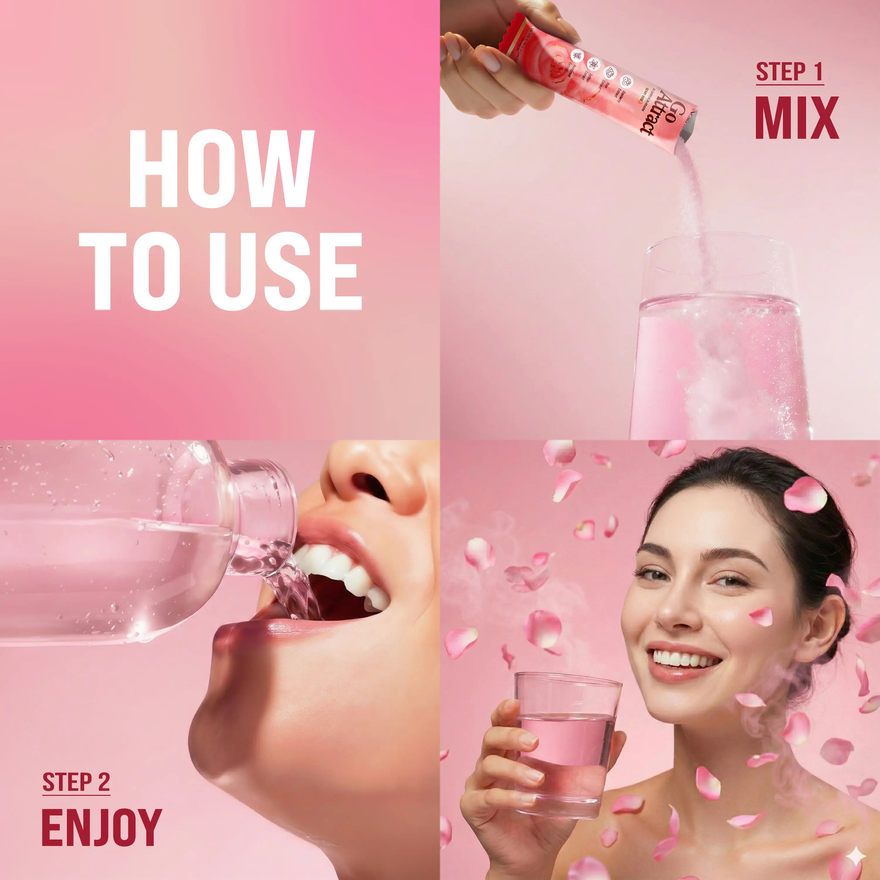 Instructions on how to use a product, with steps shown and a person enjoying the product.