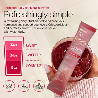 Nestrient GoBalance hormonal support drink mix in a container with a scoop, showing the powder and packaging.